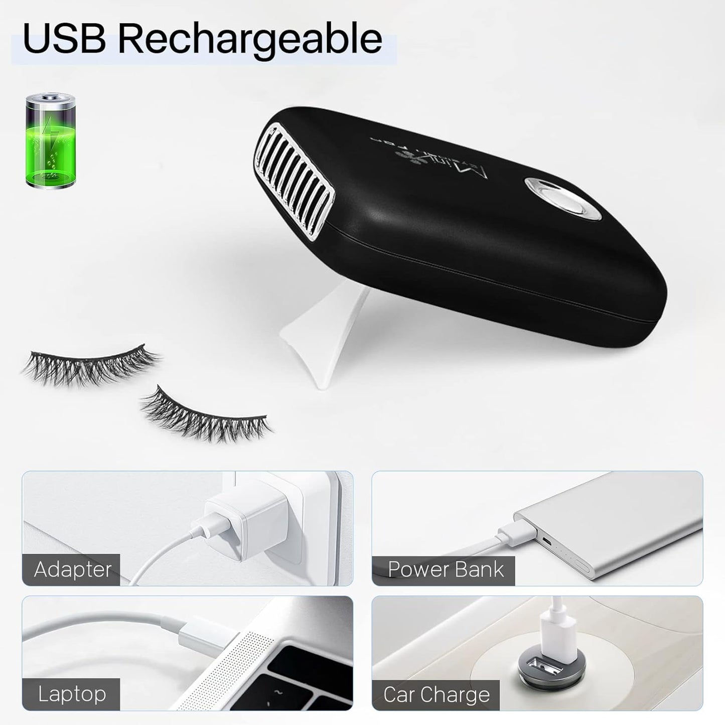 Eyelash Mini Lash Fan for Eyelash Extension Portable Lash Fan Dryer Handheld Rechargable USB Eyelashes Fans with 3 Adjustable Speed Cooling Air Fans Eyelashes Extension Application (Black)