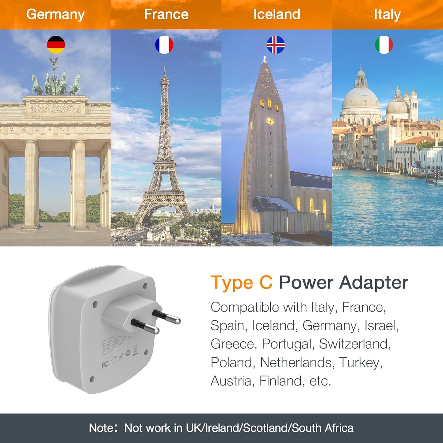 European Travel Plug Adapter Converter,  International Power Plug Converter with 2 USB, Type C Outlet Adaptor Charger for US to Most of Europe EU Iceland Spain Italy France Germany
