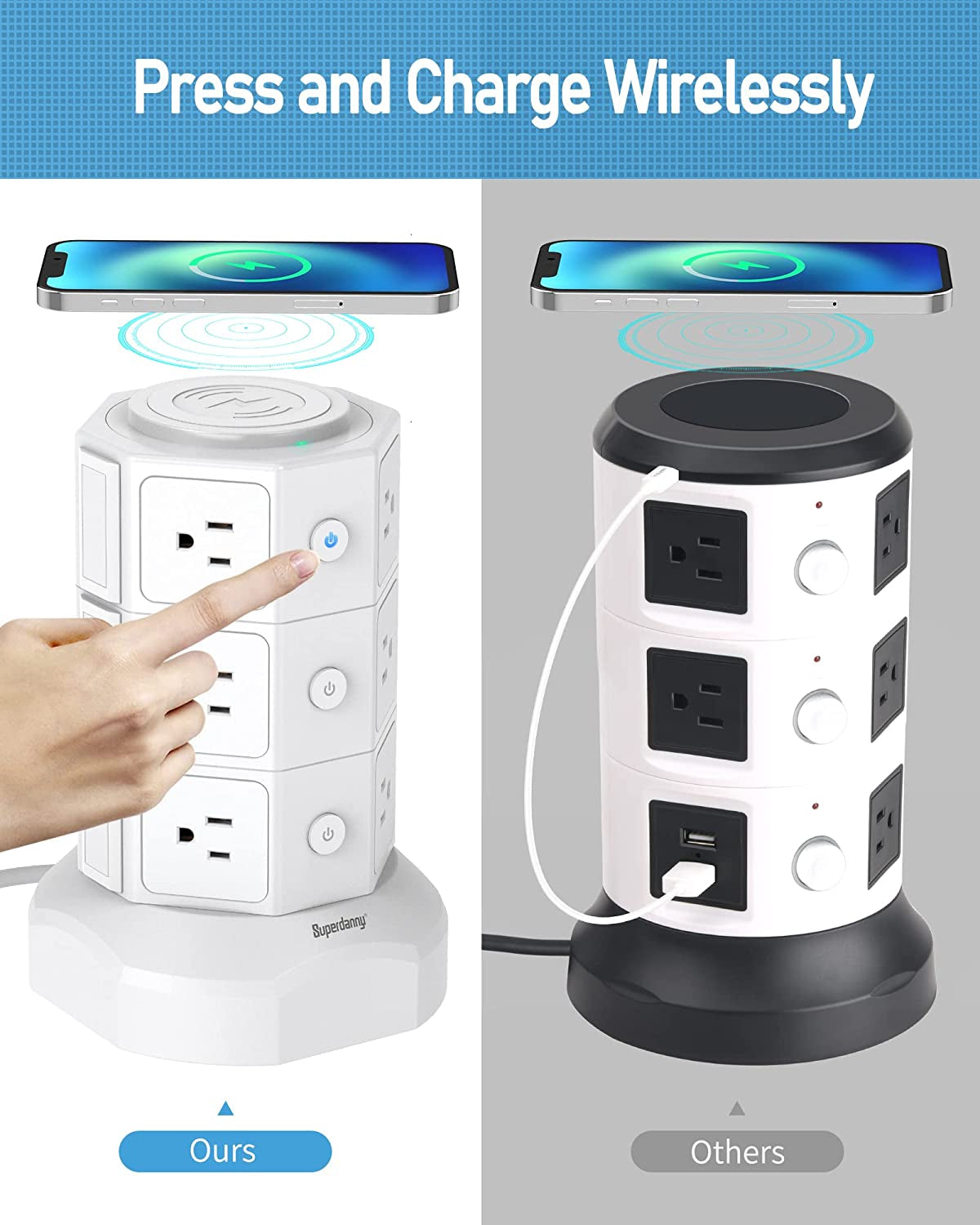 Surge Protector Power Strip Tower with 15W Magnetic Wireless Charger, 1050J, 13A Charging Station Featuring 12 AC Outlets and 6 USB Ports, 6.5Ft Extension Cord for Home and Office Use, White