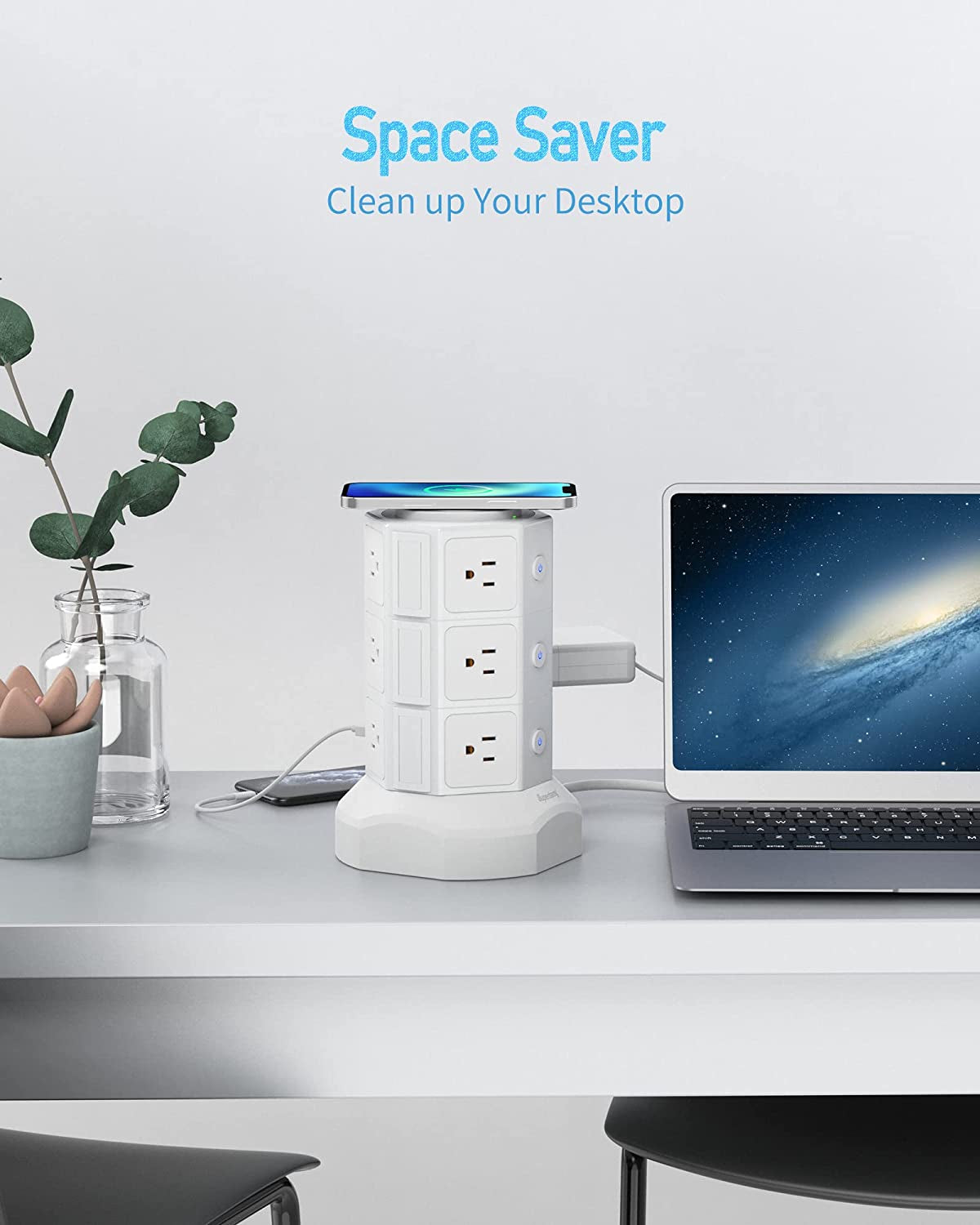 Surge Protector Power Strip Tower with 15W Magnetic Wireless Charger, 1050J, 13A Charging Station Featuring 12 AC Outlets and 6 USB Ports, 6.5Ft Extension Cord for Home and Office Use, White