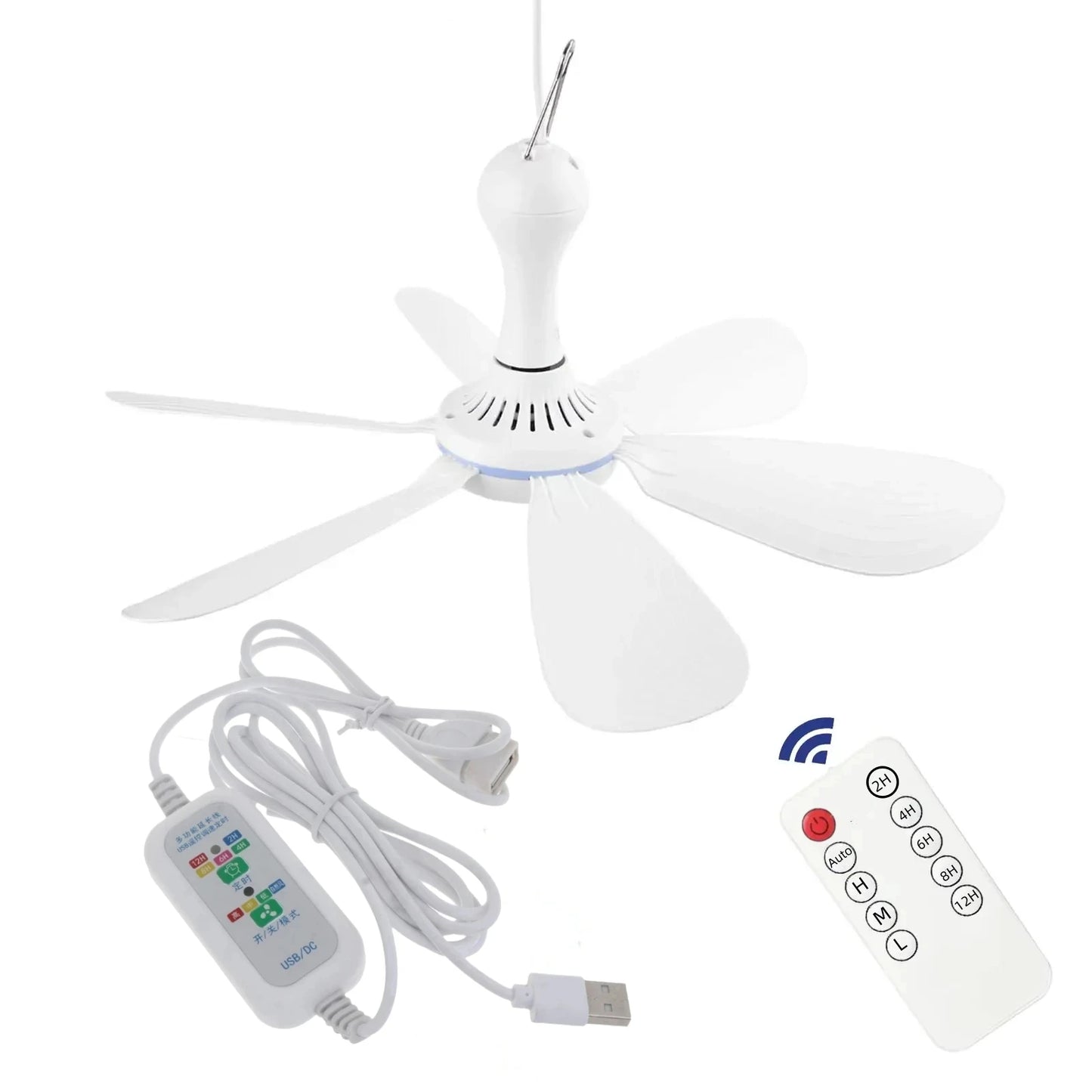 Silent 6 Leaves USB Powered Ceiling Canopy Fan with Remote Control Timing 4 Speed Hanging Fan for Camping Bed Dormitory Tent New