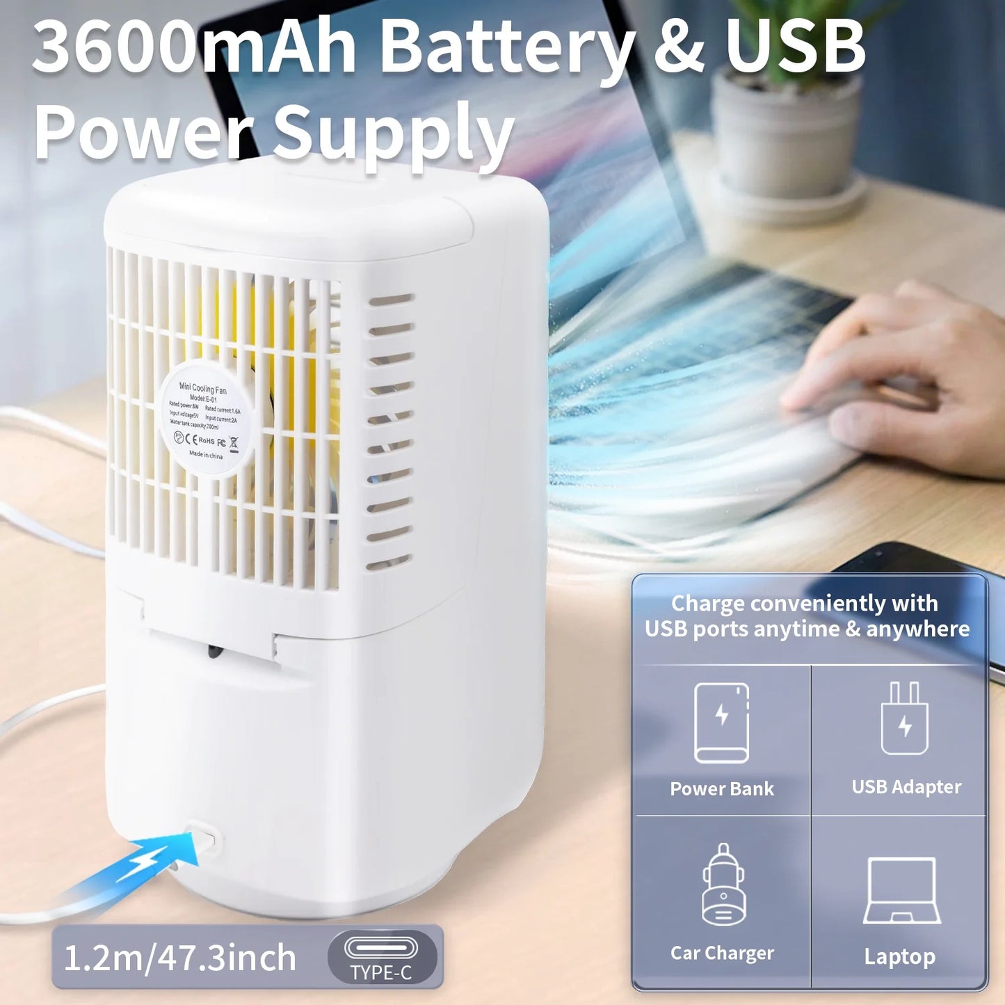Portable Air Conditioner Fan Desk Fan with 700Ml Water Tank Rechargable 3 Speeds 7 Colors Light 120?Oscillation Small Desktop Personal Cooling Fan for Room Office Car Camping