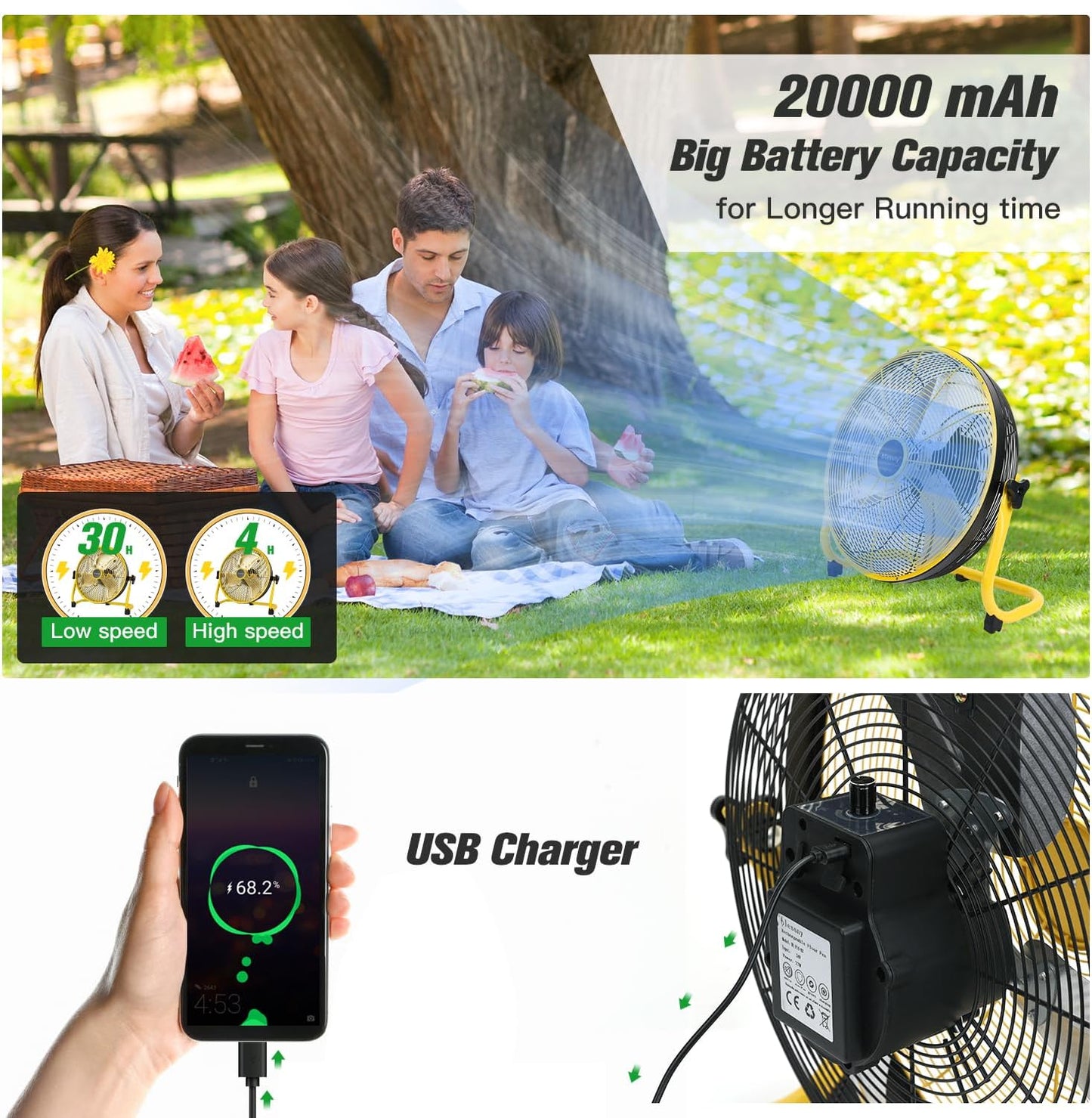 16" Battery Operated Floor Fan, 20000 Mah Large Rechargeable Cordless Fan for Ca