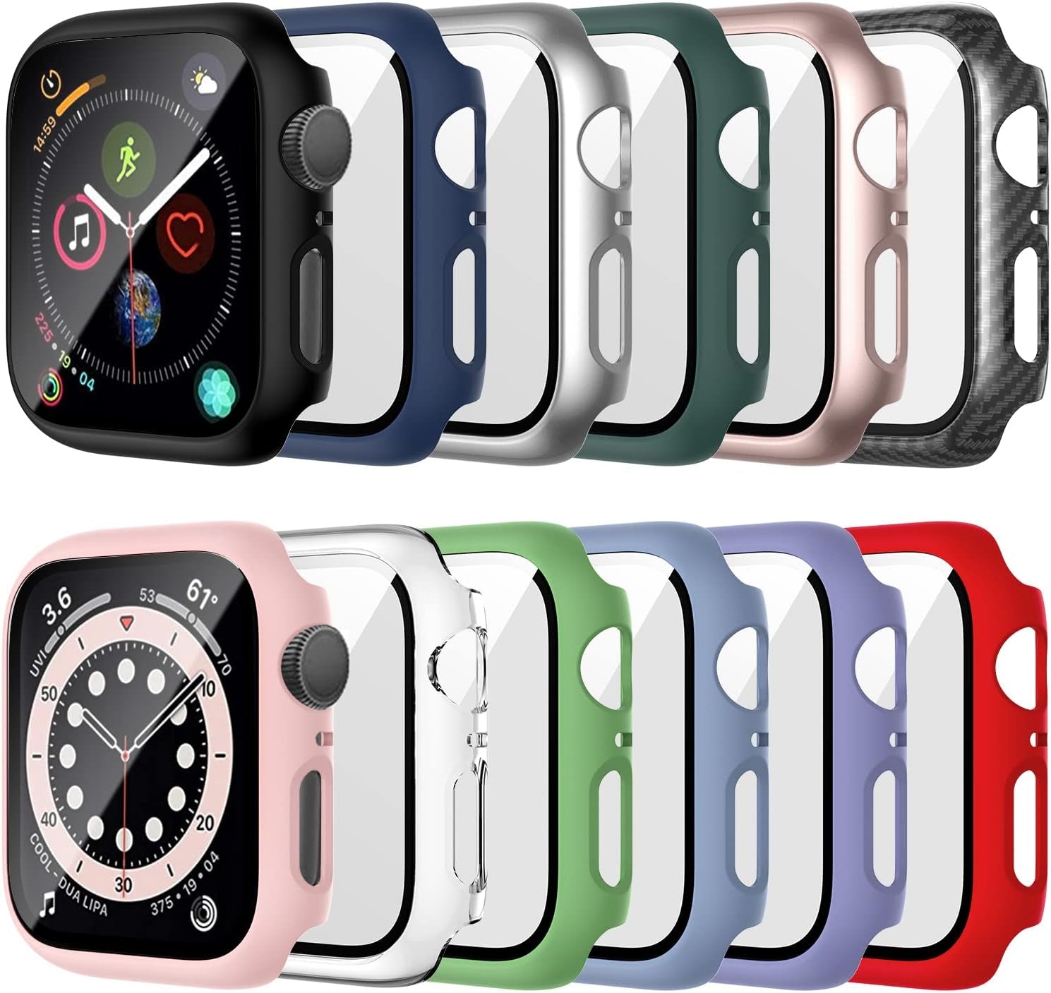 12 Pack Case with Tempered Glass Screen Protector Compatible for Apple Watch 44Mm SE (2Nd Gen) Series 6 5 4 SE, Full Hard PC Scratch Resistant Bumper Protective Cover for Iwatch Accessories