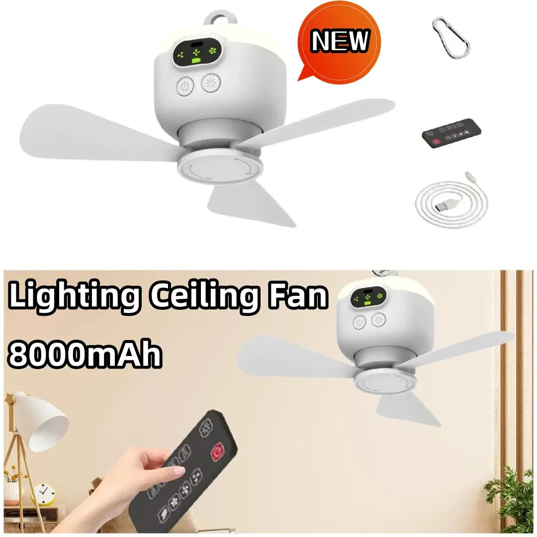 New Lighting USB Rechargeable Ceiling Fan 8000Mah Battery Large Capacity Removable Blades Suitable for Bedroom Outdoor Tents