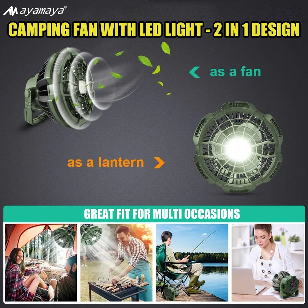 Rechargeable Camping Fan with LED Light & Remote Control, 7800Mah Portable USB Lantern Tent Fan for Car Ceiling Green.
