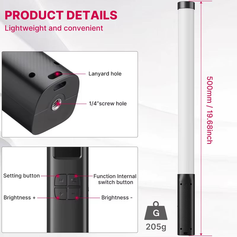 VL119 RGB Handheld Light Wand 2500-9000K Diammable Lightweight 50Cm RGB Stick Light Rechargable Photography Lighting Vlog