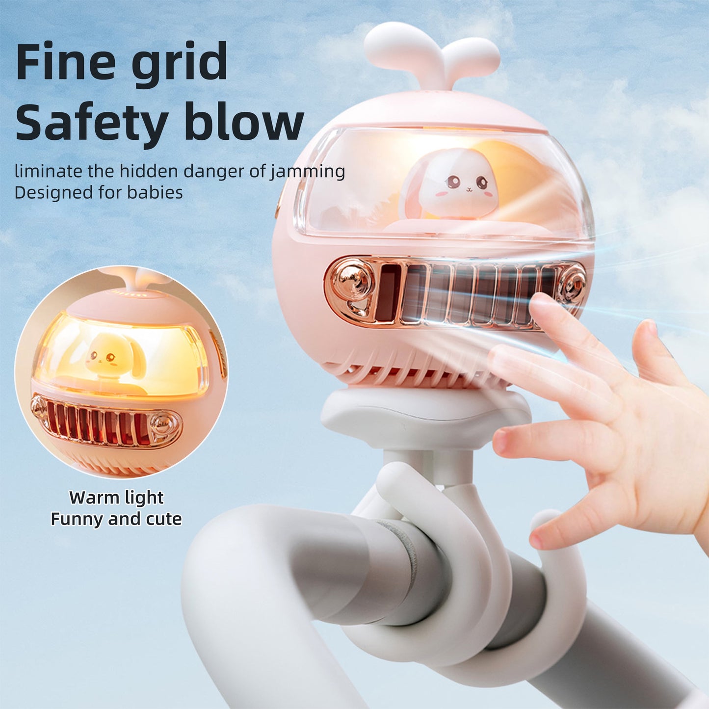 Rotatable Baby Stroller Fan with LED Light,3600Mah Rechargable Fan,Multifunction Portable Personal Fan for Stroller,4 Speeds,Pink.