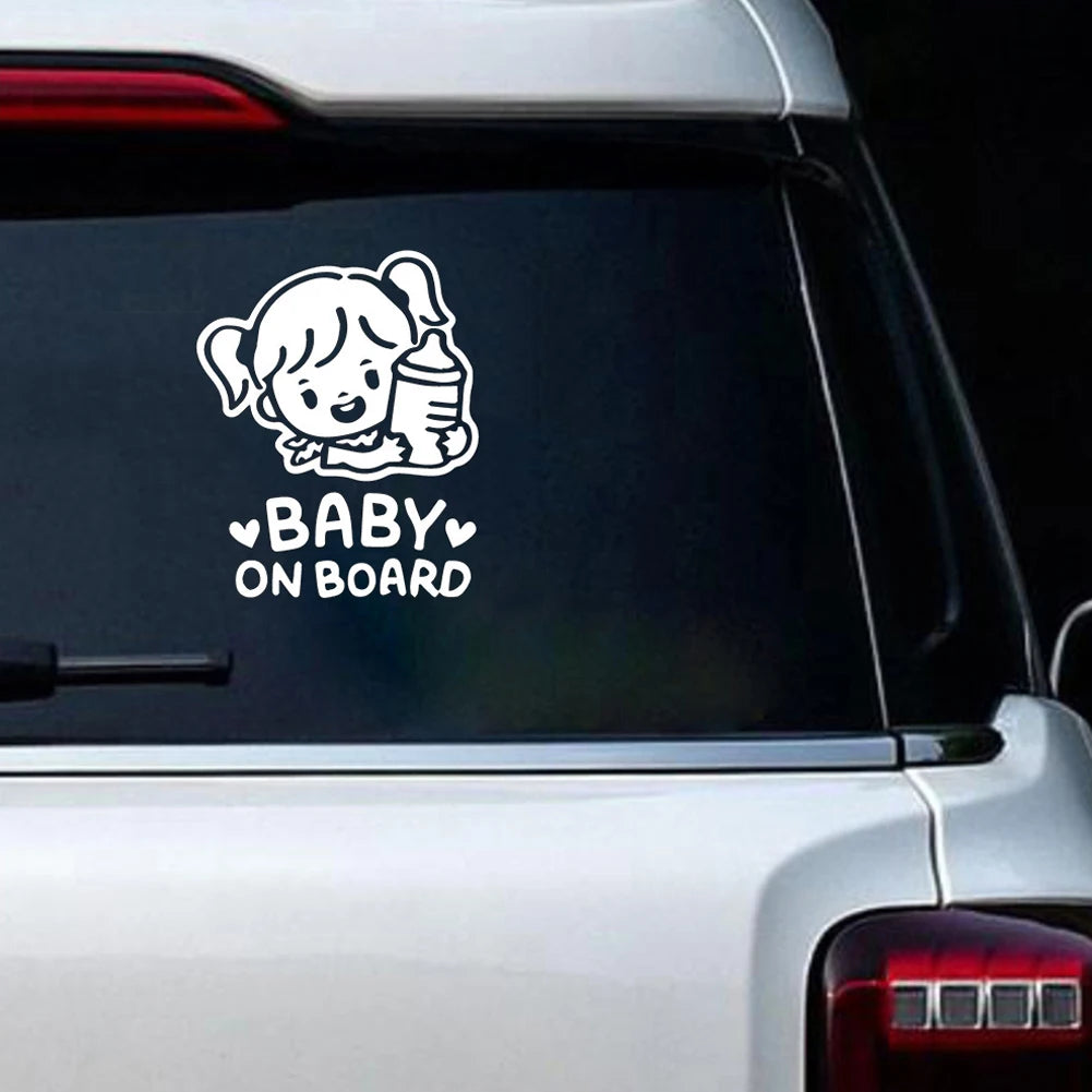 Universal Funny Stickers Car Cartoon Baby on Board Little Girl with Feeding Bottle Car Window Sticker Decal Carbon Fiber Vinyl