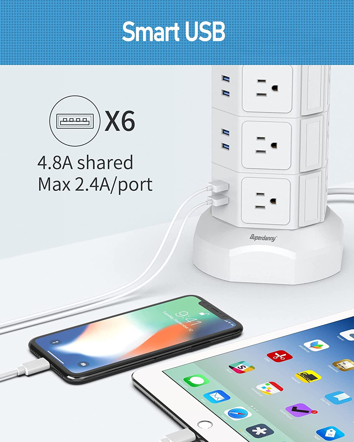 Surge Protector Power Strip Tower with 15W Magnetic Wireless Charger, 1050J, 13A Charging Station Featuring 12 AC Outlets and 6 USB Ports, 6.5Ft Extension Cord for Home and Office Use, White