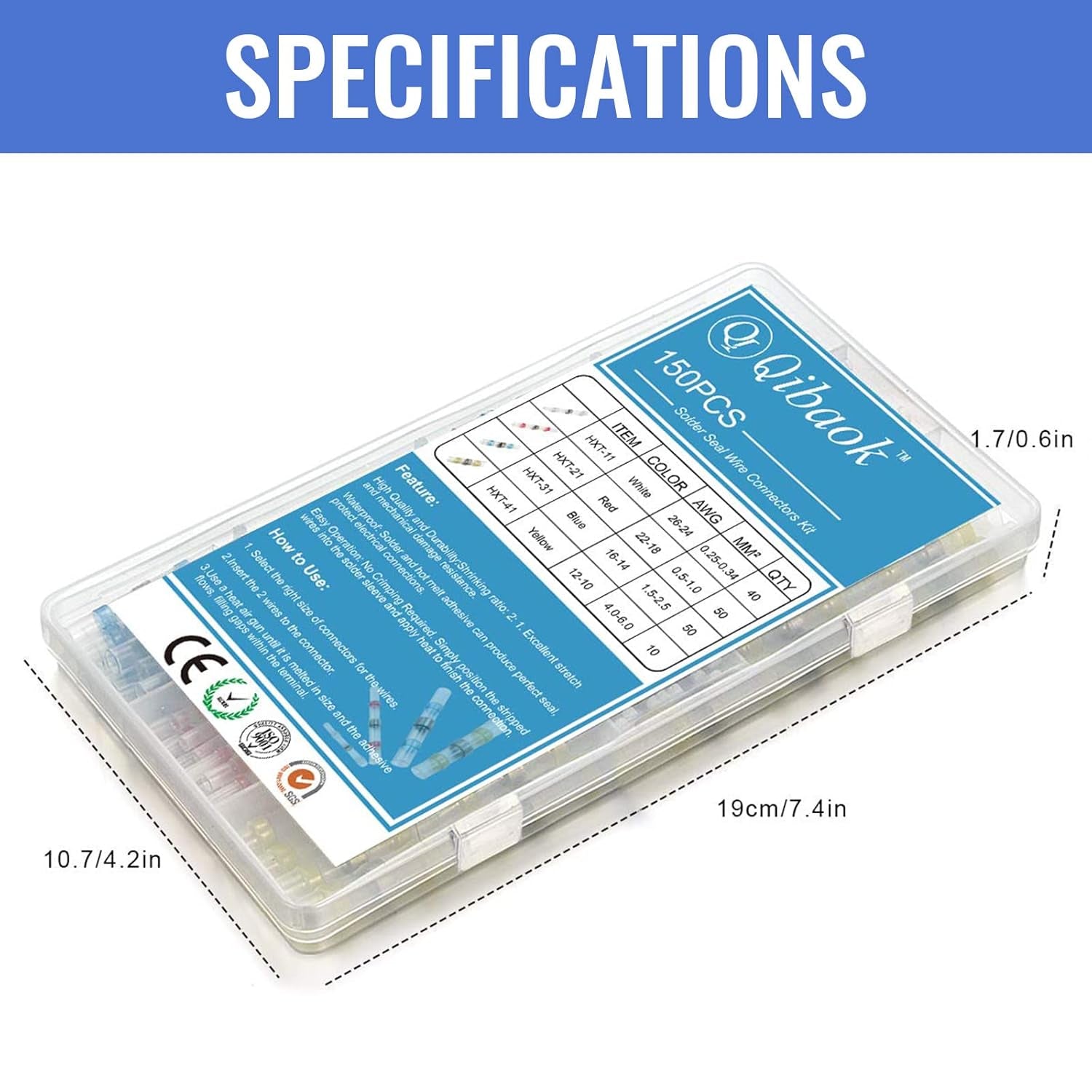 150 PCS Solder Seal Wire Connector Kit,  Heat Shrink Butt Terminal Waterproof Insulated Electrical Butt Splice for Automotive Marine