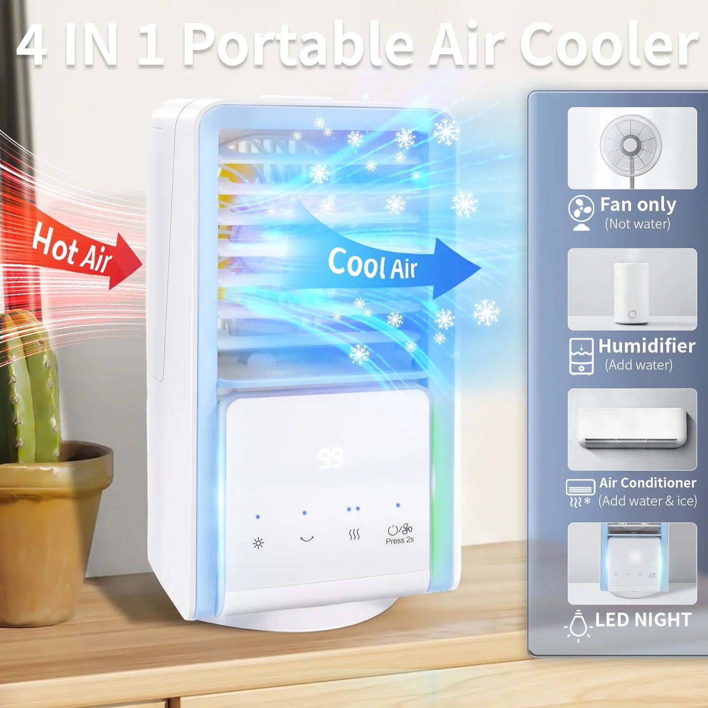 Portable Air Conditioner Fan Desk Fan with 700Ml Water Tank Rechargable 3 Speeds 7 Colors Light 120?Oscillation Small Desktop Personal Cooling Fan for Room Office Car Camping