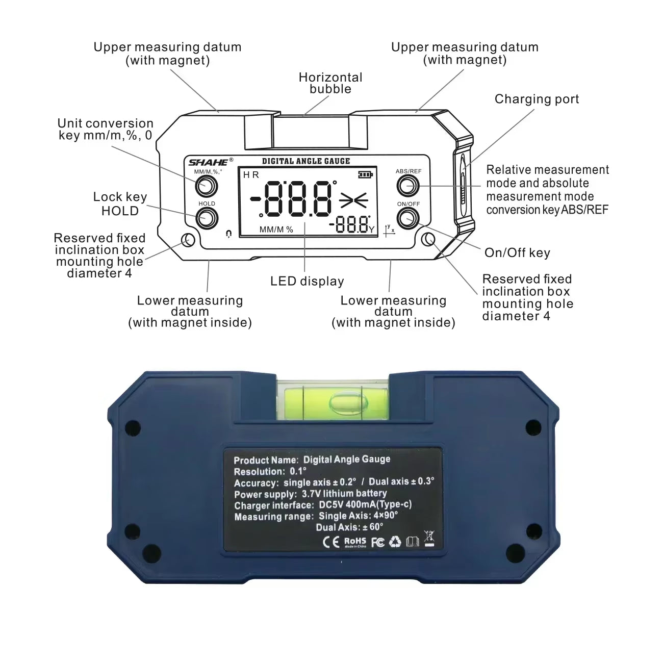 Digital Angle Finder with Level Bubble Dual Axis Rechargable Digital Angle Gauge Magnetic Digital Level Box Protractor.