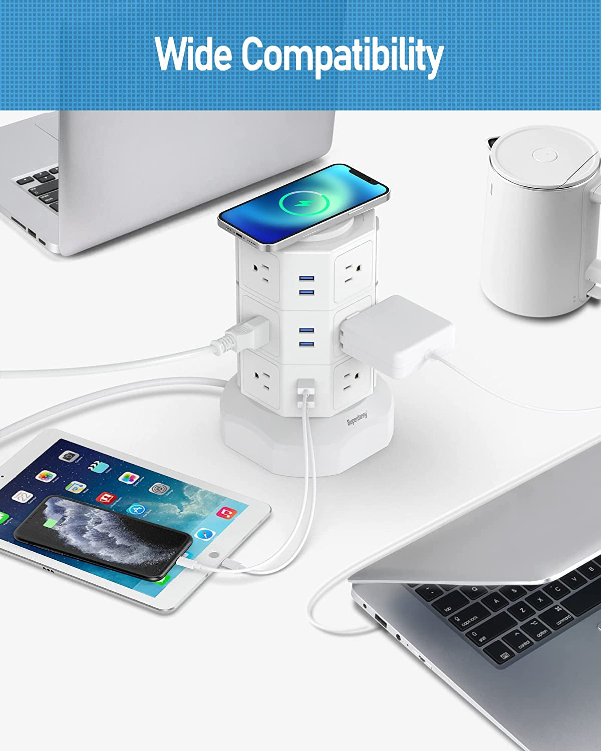 Surge Protector Power Strip Tower with 15W Magnetic Wireless Charger, 1050J, 13A Charging Station Featuring 12 AC Outlets and 6 USB Ports, 6.5Ft Extension Cord for Home and Office Use, White