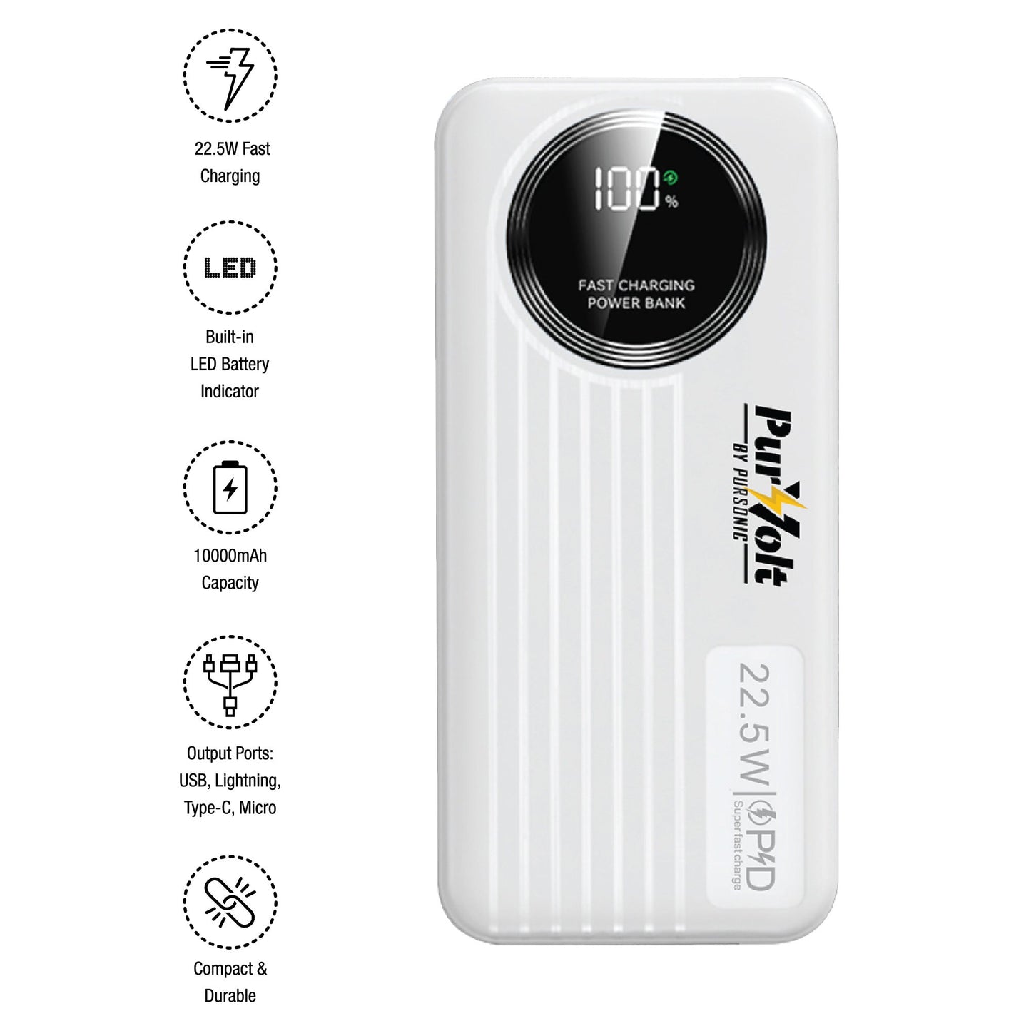 Pursonic 10,000mAh LED Fast Charging Power Bank – Built-in Cables, 22.5W Output, Type-C/USB/Lightning Compatibility.