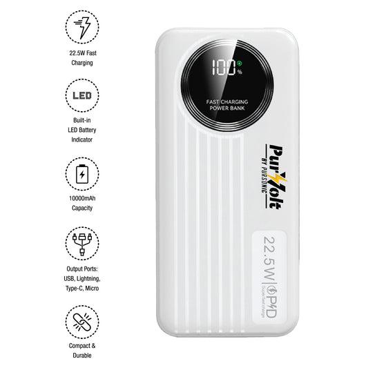 Pursonic 10,000mAh LED Fast Charging Power Bank – Built-in Cables, 22.5W Output, Type-C/USB/Lightning Compatibility.