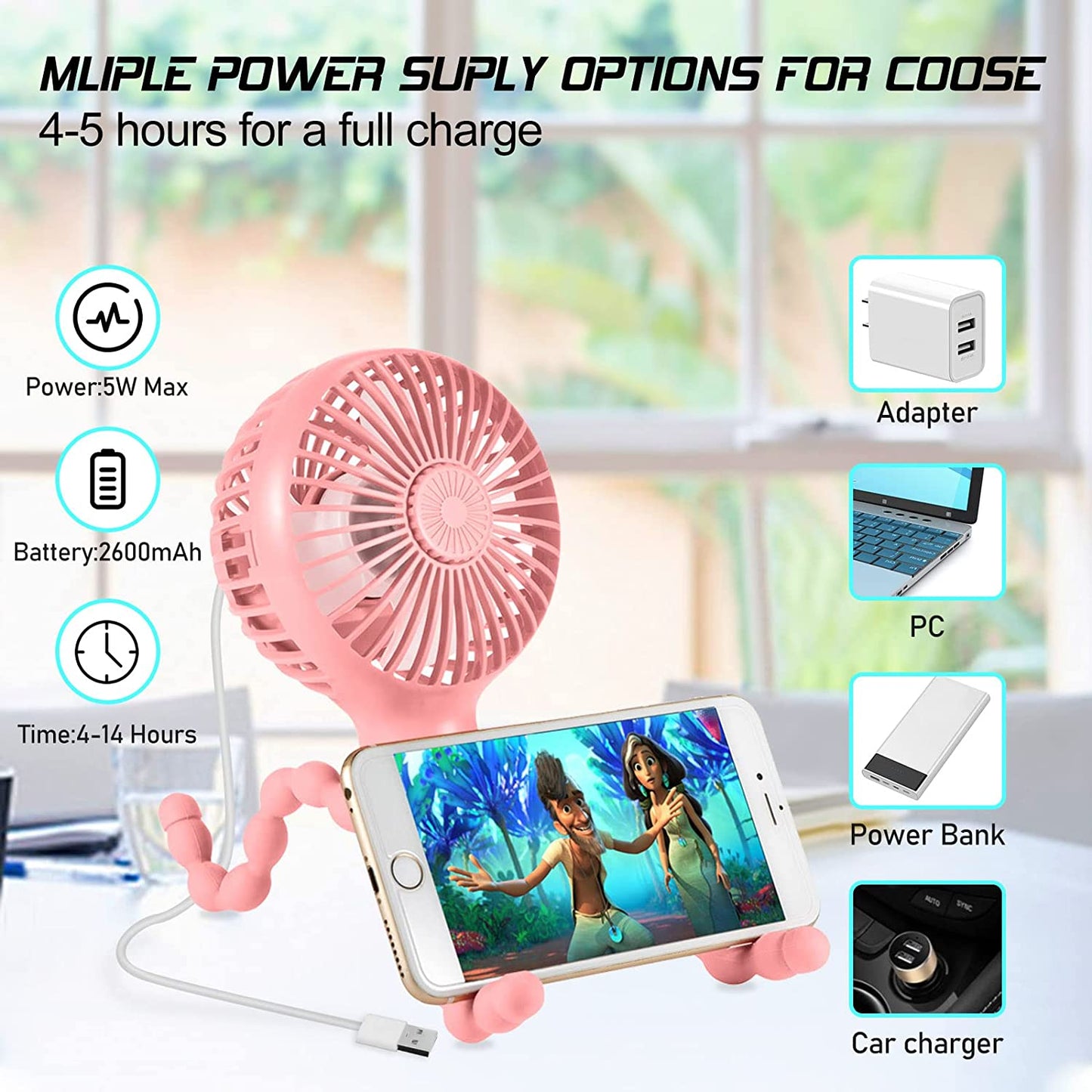 Upgraded Stroller Fan Mini Battery Operated Fan Small USB Rechargable Desk Fan Baby Portable Fan Flexible Tripod Clip on Fan with 3 Speeds Baby Personal Fan for Car Seat Crib Treadmill (Pink).