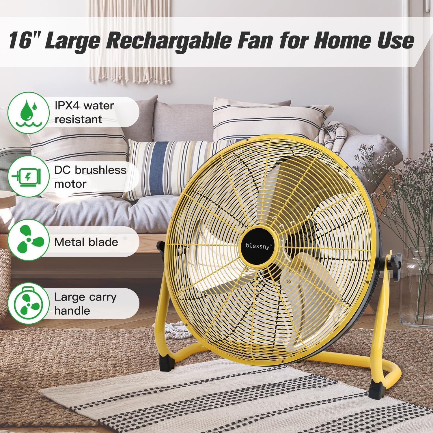 16" Battery Operated Floor Fan, 20000 Mah Large Rechargeable Cordless Fan for Ca