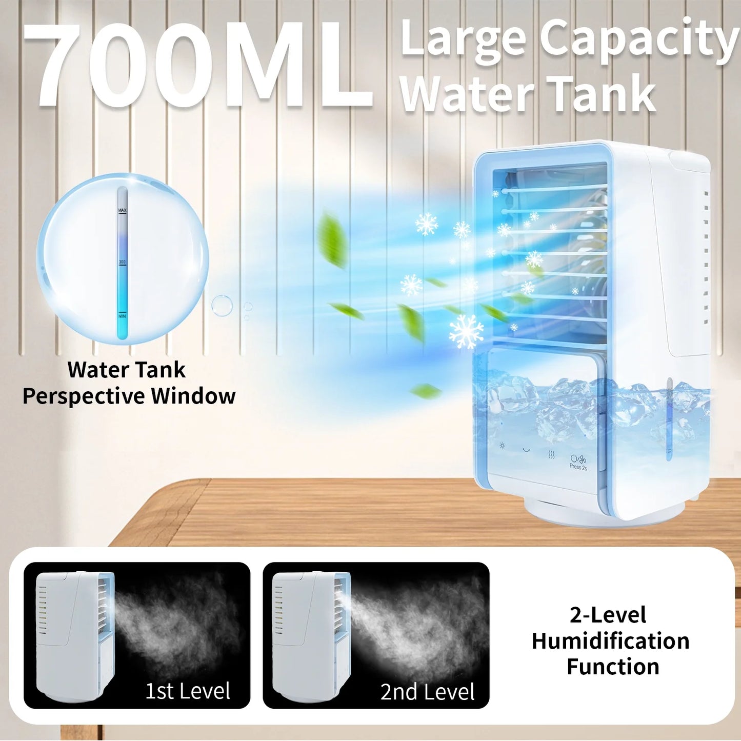 Portable Air Conditioner Fan Desk Fan with 700Ml Water Tank Rechargable 3 Speeds 7 Colors Light 120?Oscillation Small Desktop Personal Cooling Fan for Room Office Car Camping