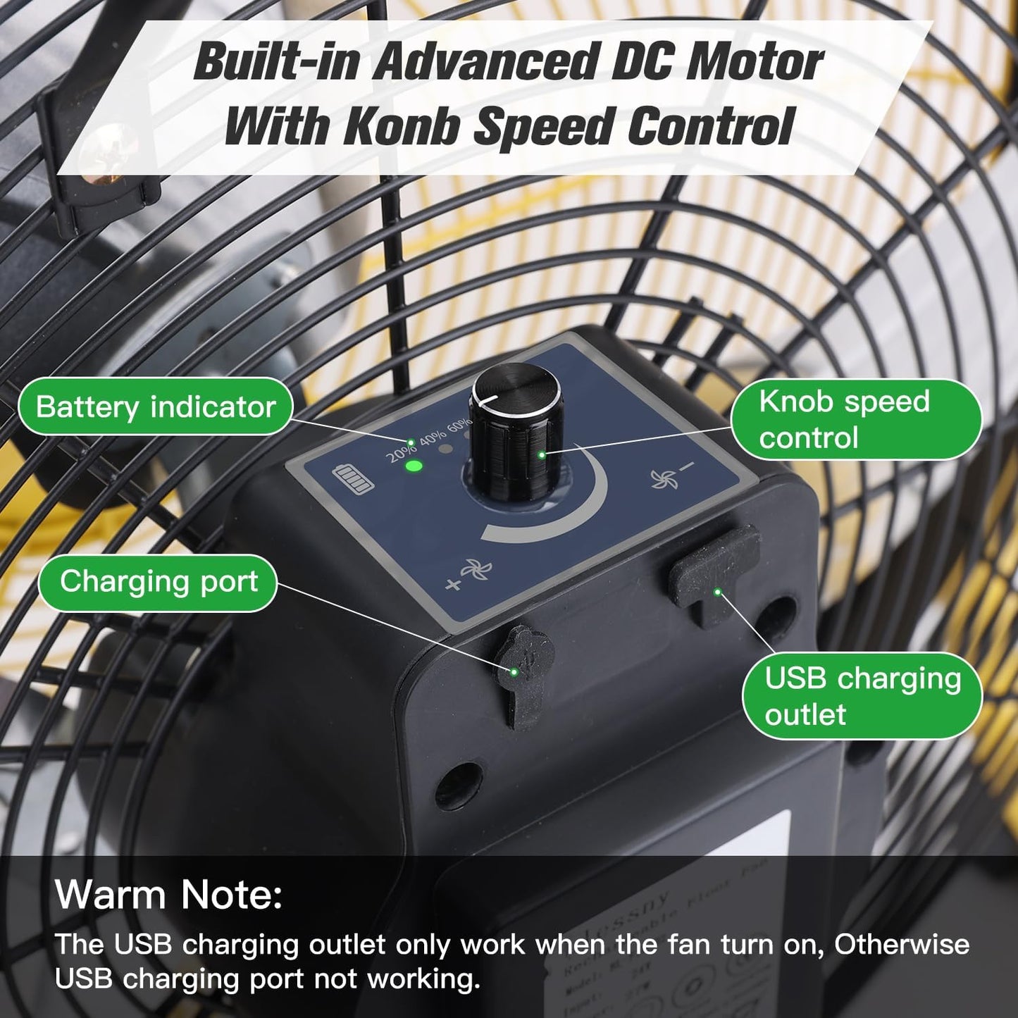16" Battery Operated Floor Fan, 20000 Mah Large Rechargeable Cordless Fan for Ca