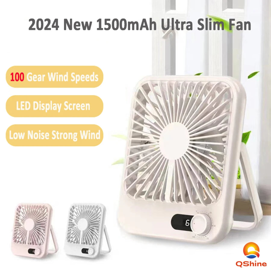 2024 New 1500Mah 100 Gears Ultrathin Desk Fan Portable Fan Rechargeable Table Fan Mini Fan Portable Cooler Air Conditioner Fan