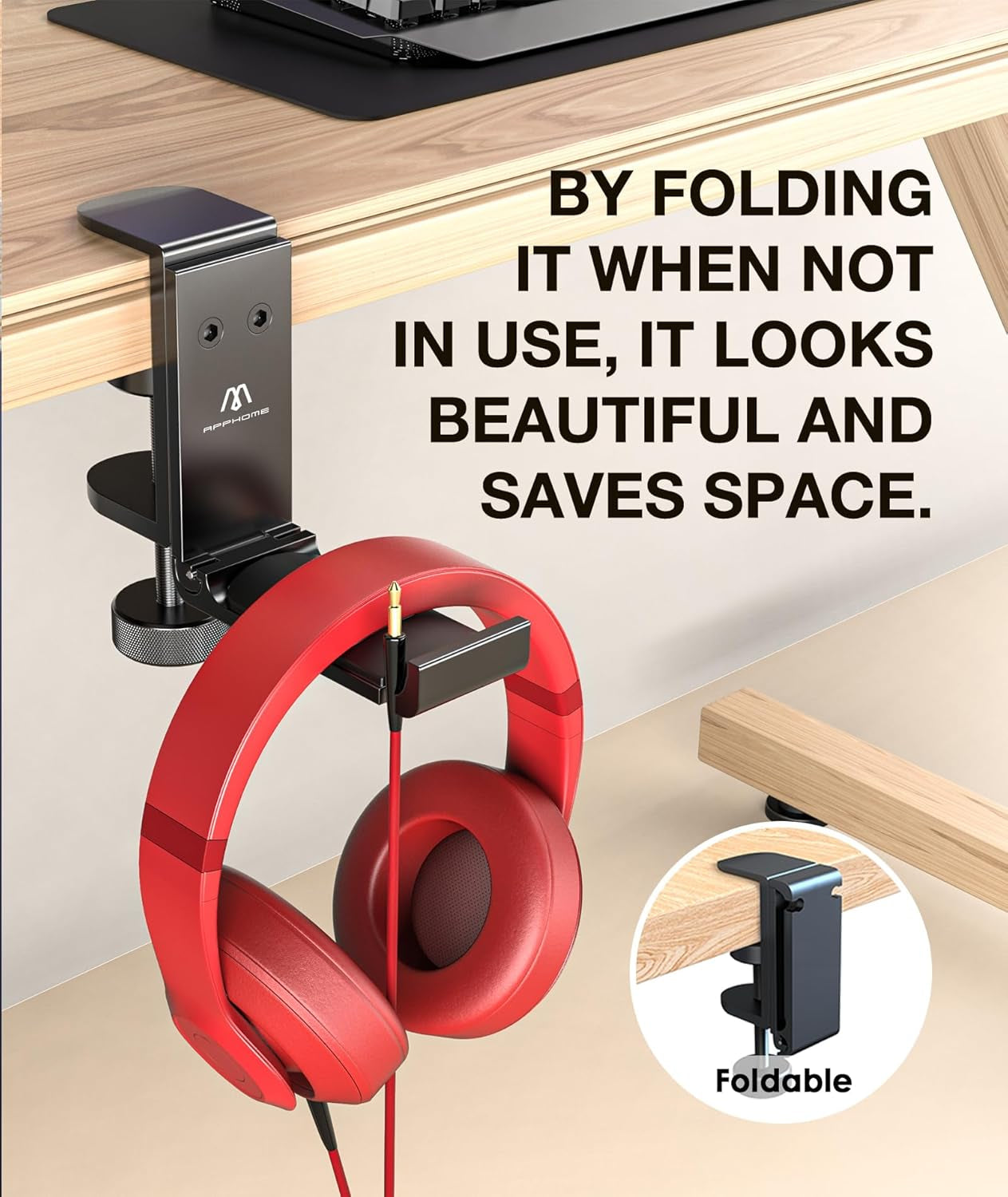Headphone Stand Hook for Desk, Foldable under Table Headset Holder with Built-In Cable Clip Organizer, Clamp Hanger Mount for PC Gaming, Office, Backpack, Bag, Purse Hanging