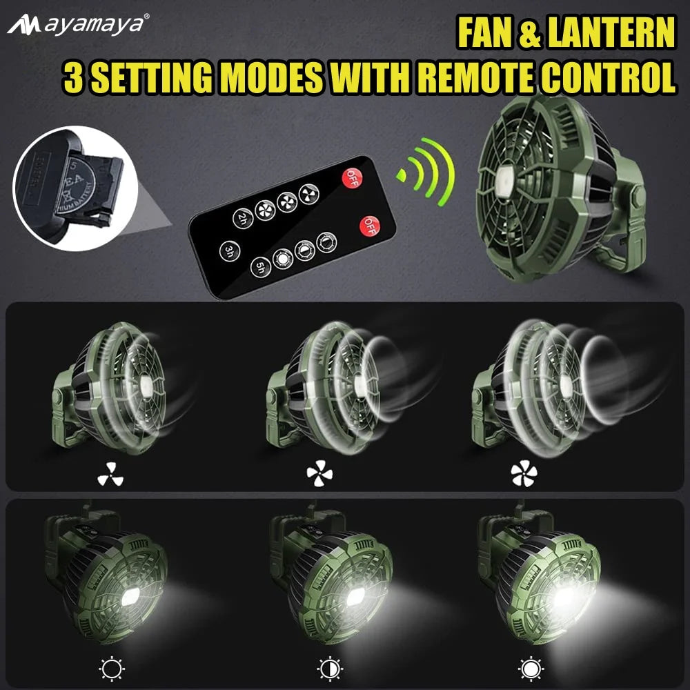 Rechargeable Camping Fan with LED Light & Remote Control, 7800Mah Portable USB Lantern Tent Fan for Car Ceiling Green.