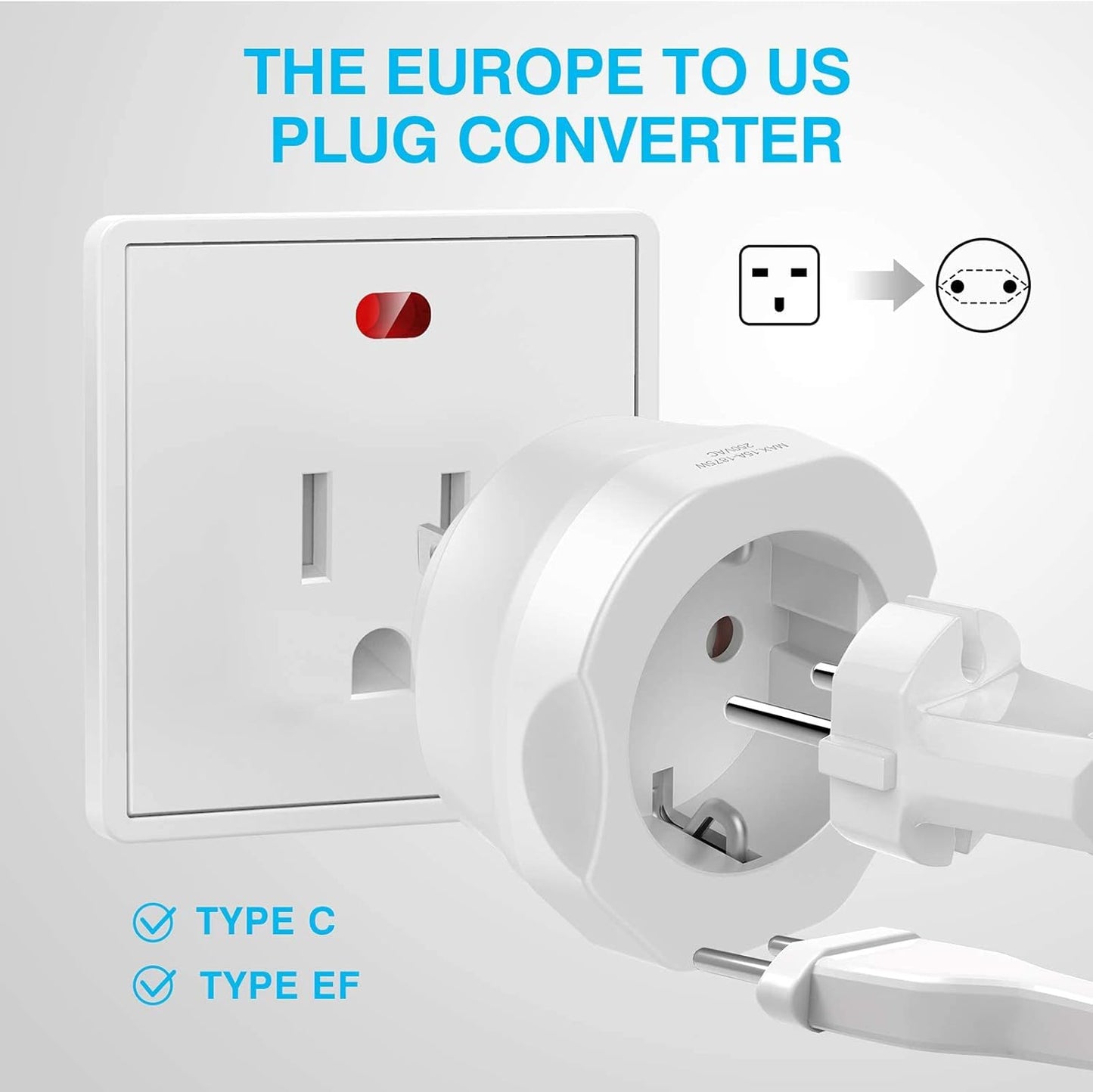 2 Pack European to US Plug Adapter,  EU to US Adapter, Europe to USA Travel Converter for Most of EU Spain France Type C E F Plugs to America