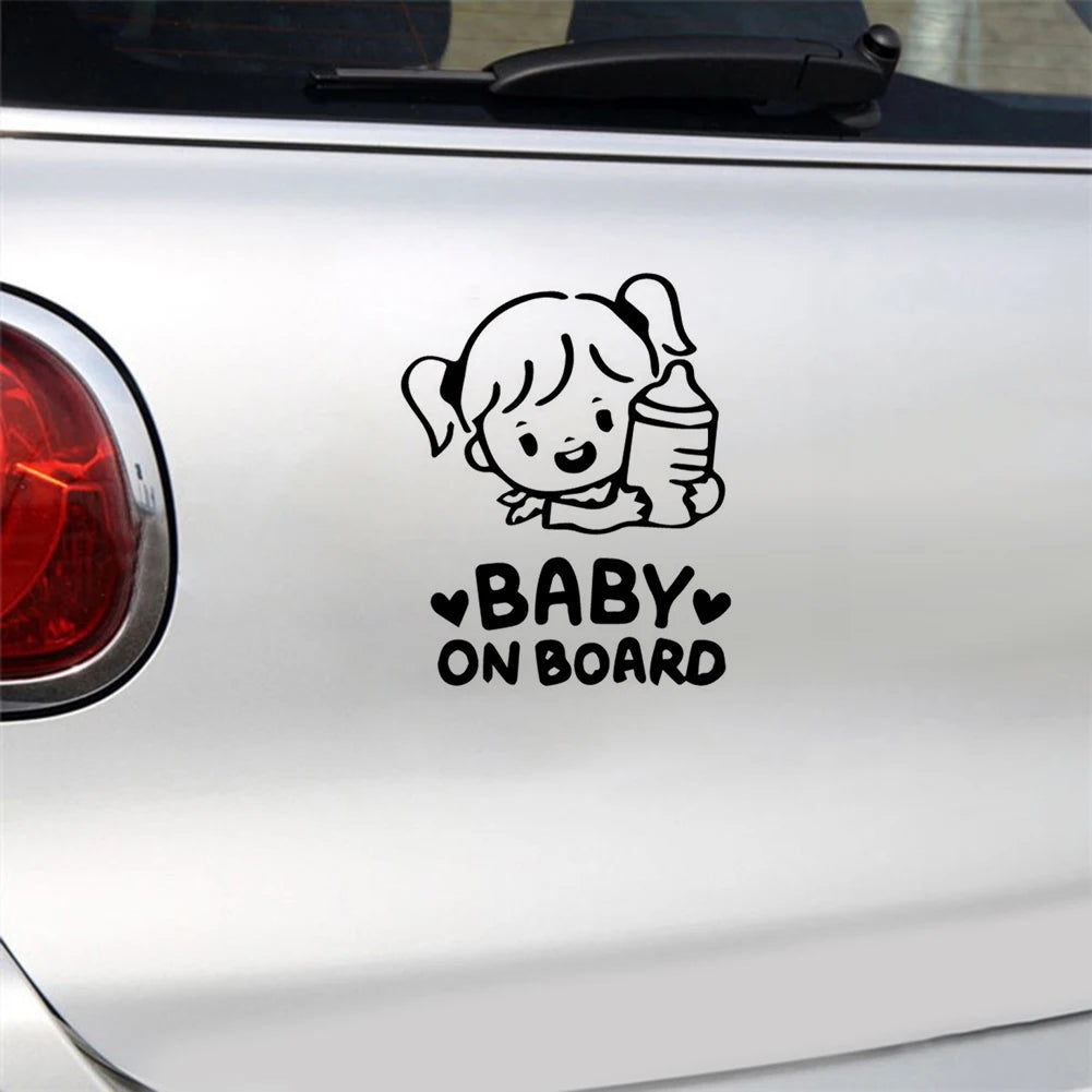 Universal Funny Stickers Car Cartoon Baby on Board Little Girl with Feeding Bottle Car Window Sticker Decal Carbon Fiber Vinyl
