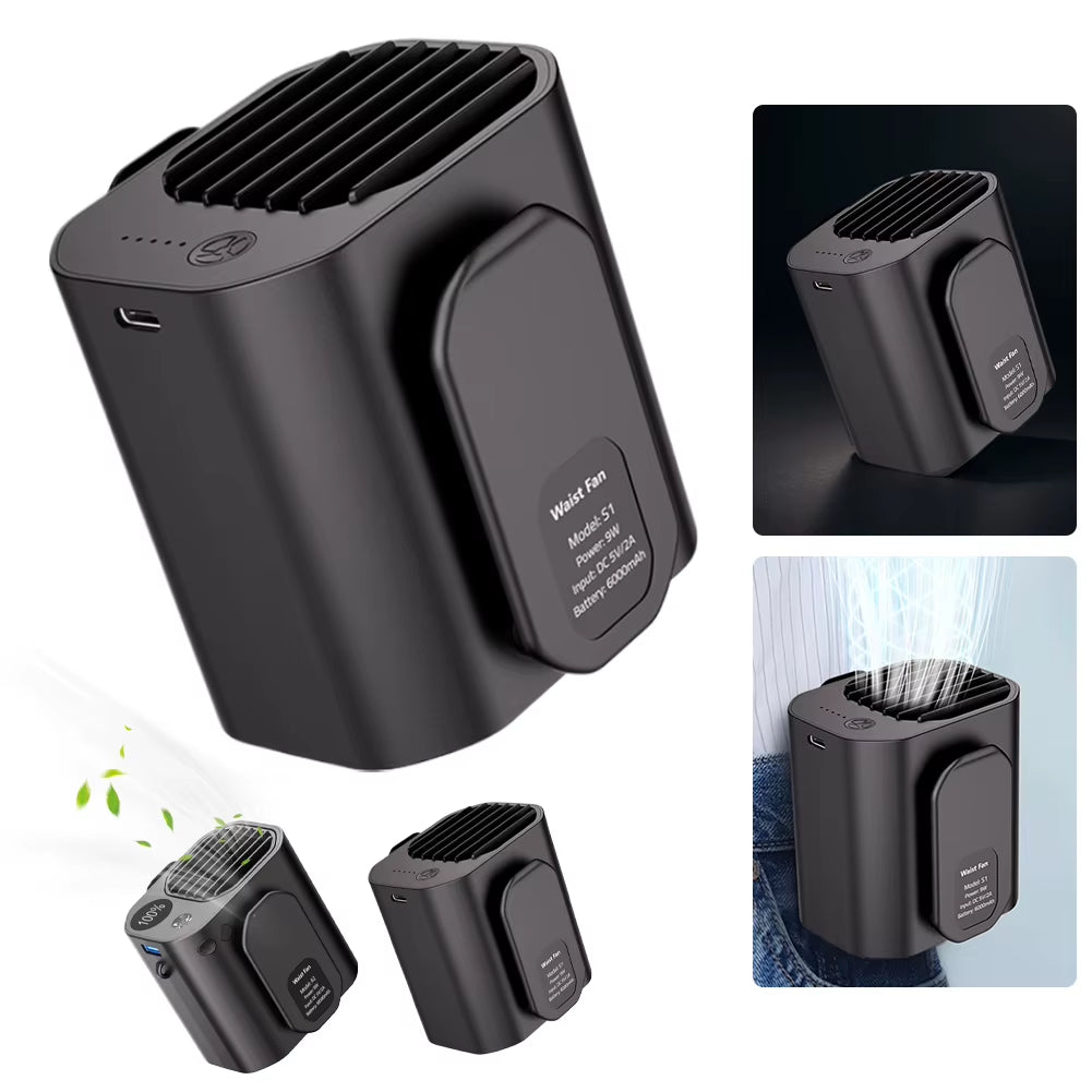 Waist Clip Fan Portable Waist Fan Multifunction Cooling Fan LED Display Mini Neck Hanging Fan for Outdoor Gardening Backpacking.