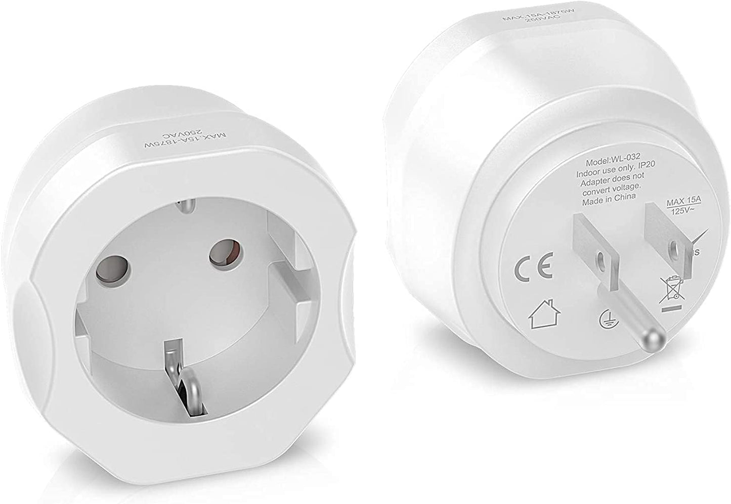 2 Pack European to US Plug Adapter,  EU to US Adapter, Europe to USA Travel Converter for Most of EU Spain France Type C E F Plugs to America