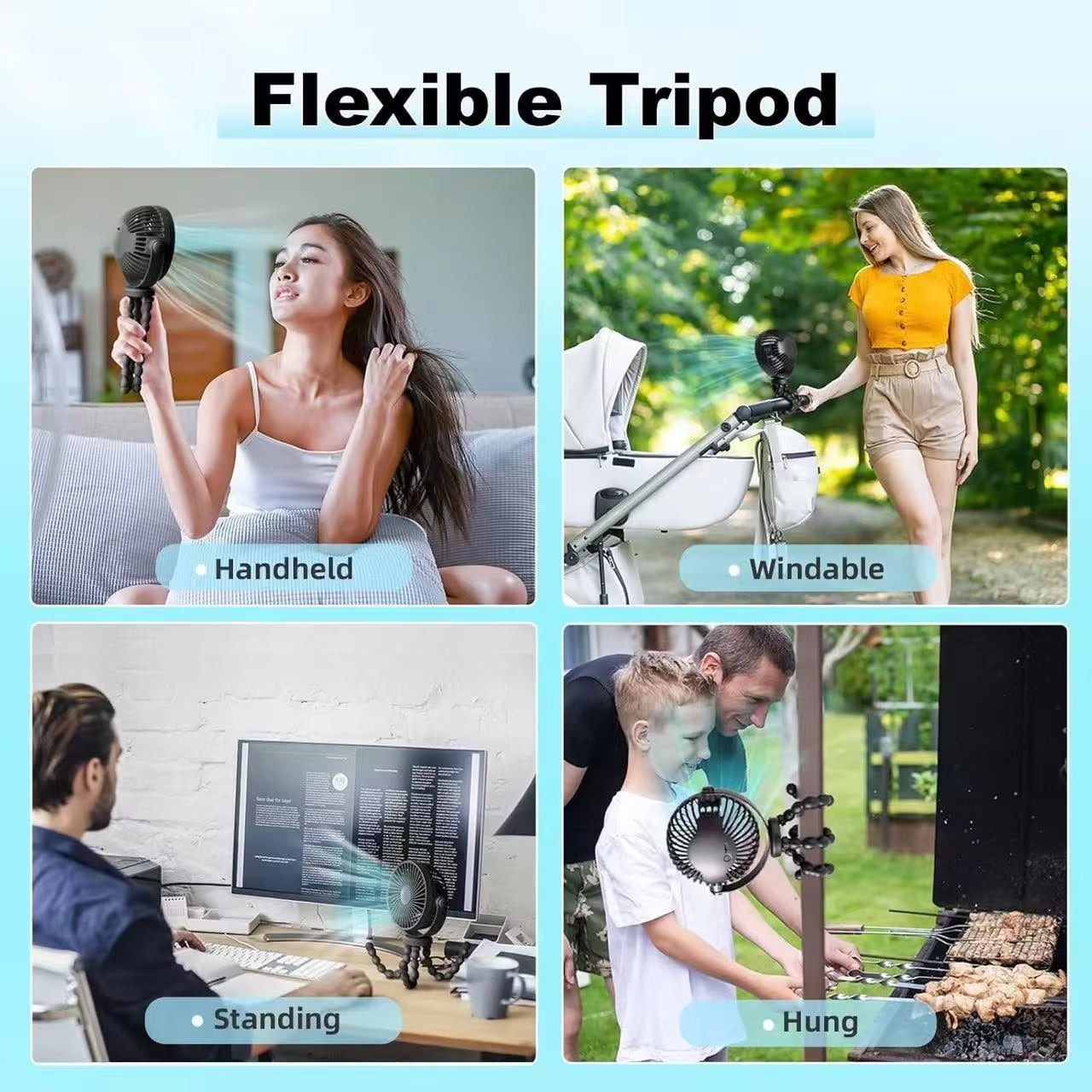 Mini Portable Stroller Fan,3 Speed Rechargeable,360° Rotate Flexible Tripod Better Cooling for Car Seat Crib Treadmill 5000Mah
