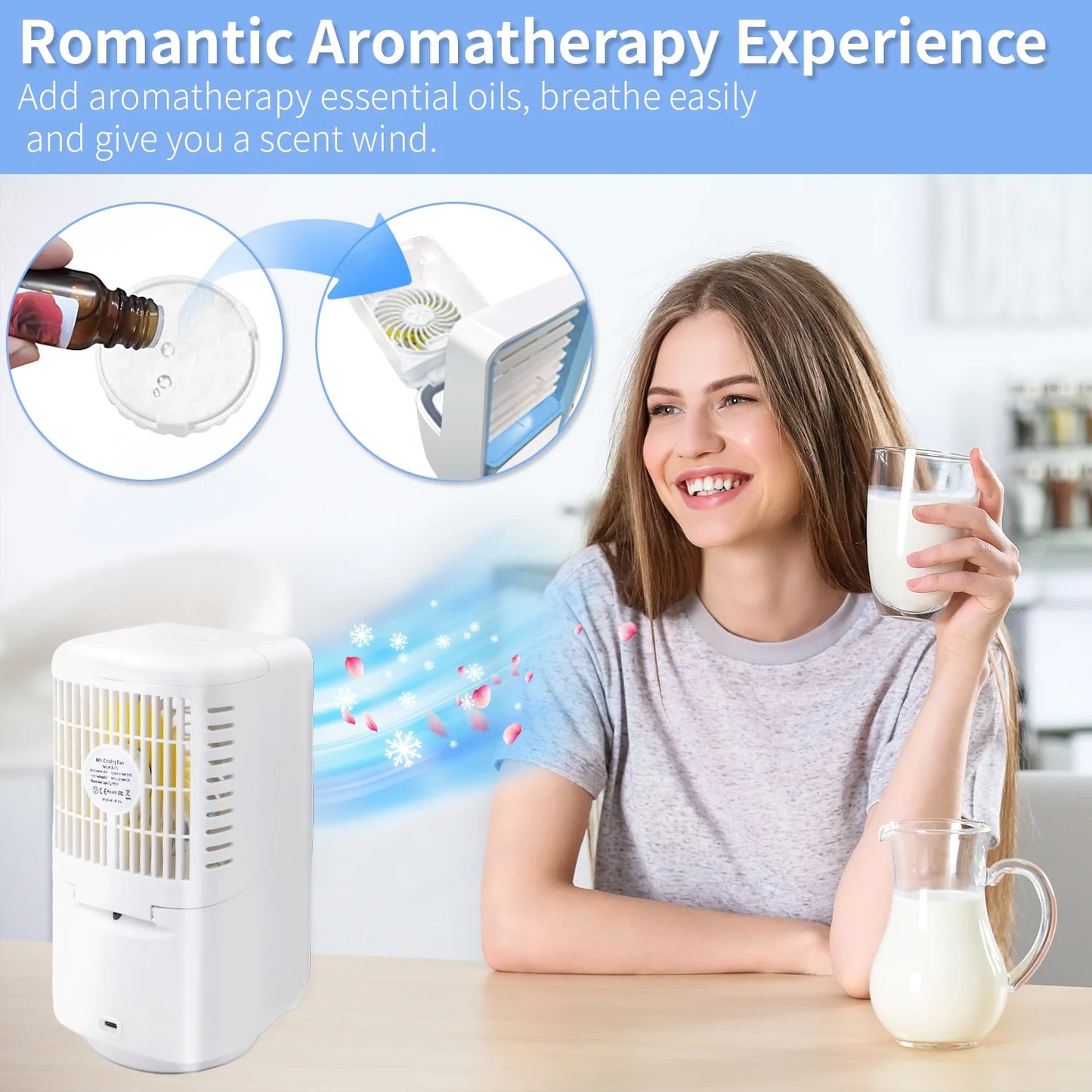 Portable Air Conditioner Fan Desk Fan with 700Ml Water Tank Rechargable 3 Speeds 7 Colors Light 120?Oscillation Small Desktop Personal Cooling Fan for Room Office Car Camping