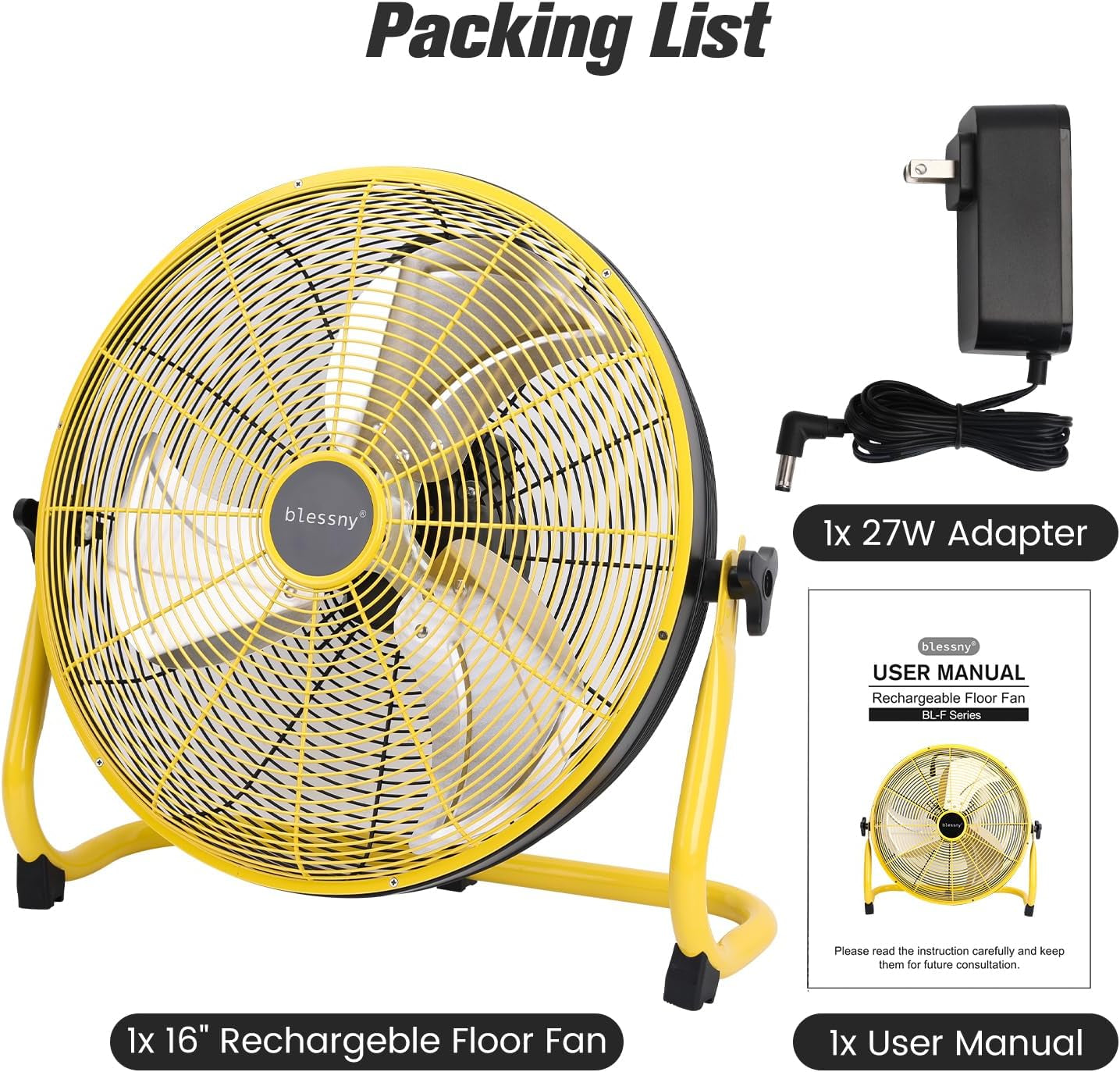 16" Battery Operated Floor Fan, 20000 Mah Large Rechargeable Cordless Fan for Ca