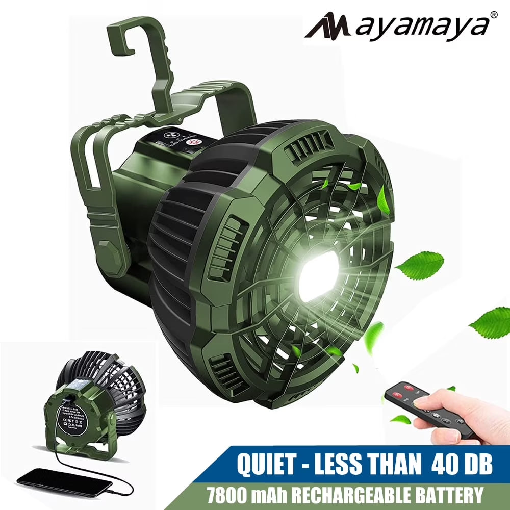 Rechargeable Camping Fan with LED Light & Remote Control,  7800Mah Portable USB Lantern Tent Fan for Car Ceiling Green.