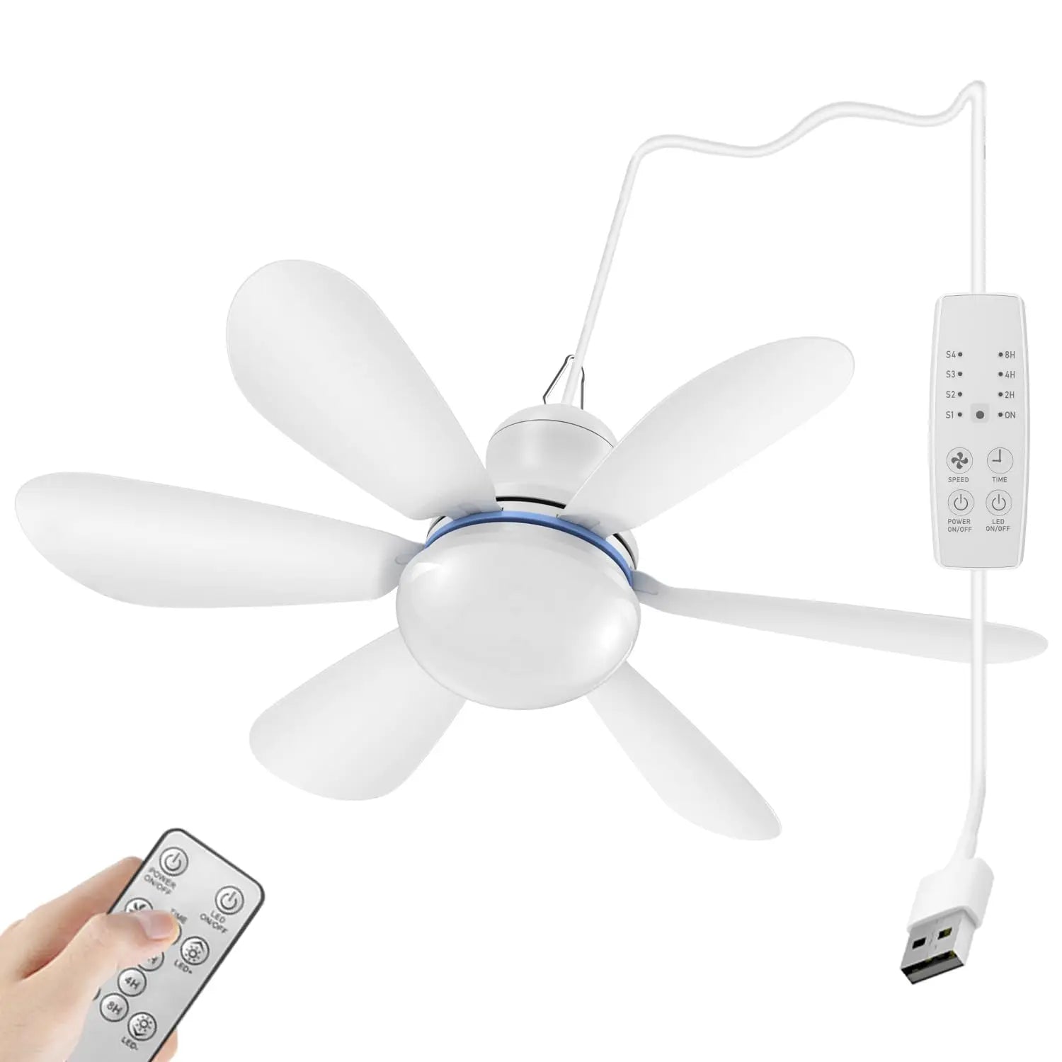 Silent 6 Leaves USB Powered Ceiling Canopy Fan with Remote Control Timing 4 Speed Hanging Fan for Camping Bed Dormitory Tent New