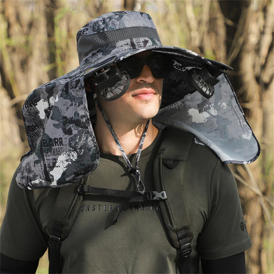 Wide Brim Solar Fan Hat for Outdoor Fishing, Sun Hat with 2 Solar Fans, Solar & USB Rechargable Sunscreen Fishing Hats with Fan for Men and Women