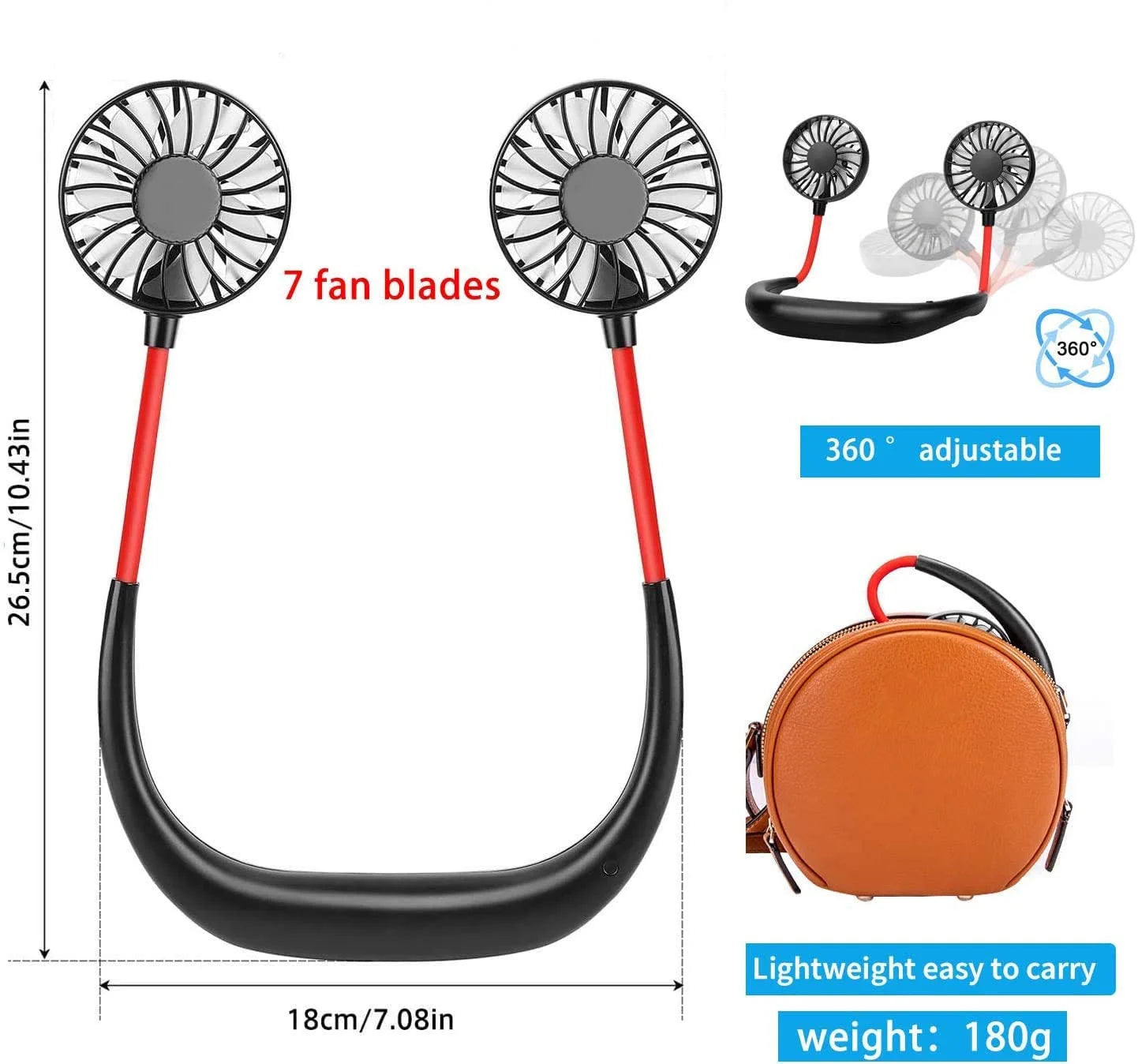 Portable Neck Fan,Hand Free Personal Fan, USB Battery Rechargeable Mini Fan, Wearable Neckband Fan Necklance Fan Cooler Fan,Black