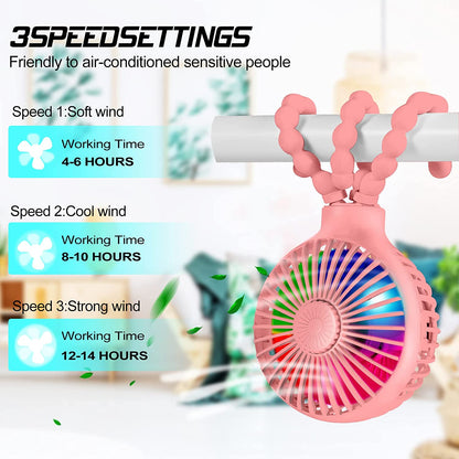 Upgraded Stroller Fan Mini Battery Operated Fan Small USB Rechargable Desk Fan Baby Portable Fan Flexible Tripod Clip on Fan with 3 Speeds Baby Personal Fan for Car Seat Crib Treadmill (Pink).