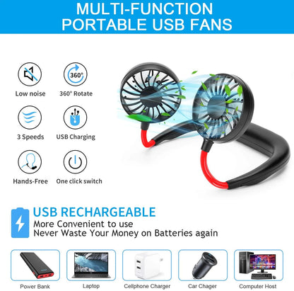 Portable Neck Fan,Hand Free Personal Fan, USB Battery Rechargeable Mini Fan, Wearable Neckband Fan Necklance Fan Cooler Fan,Black