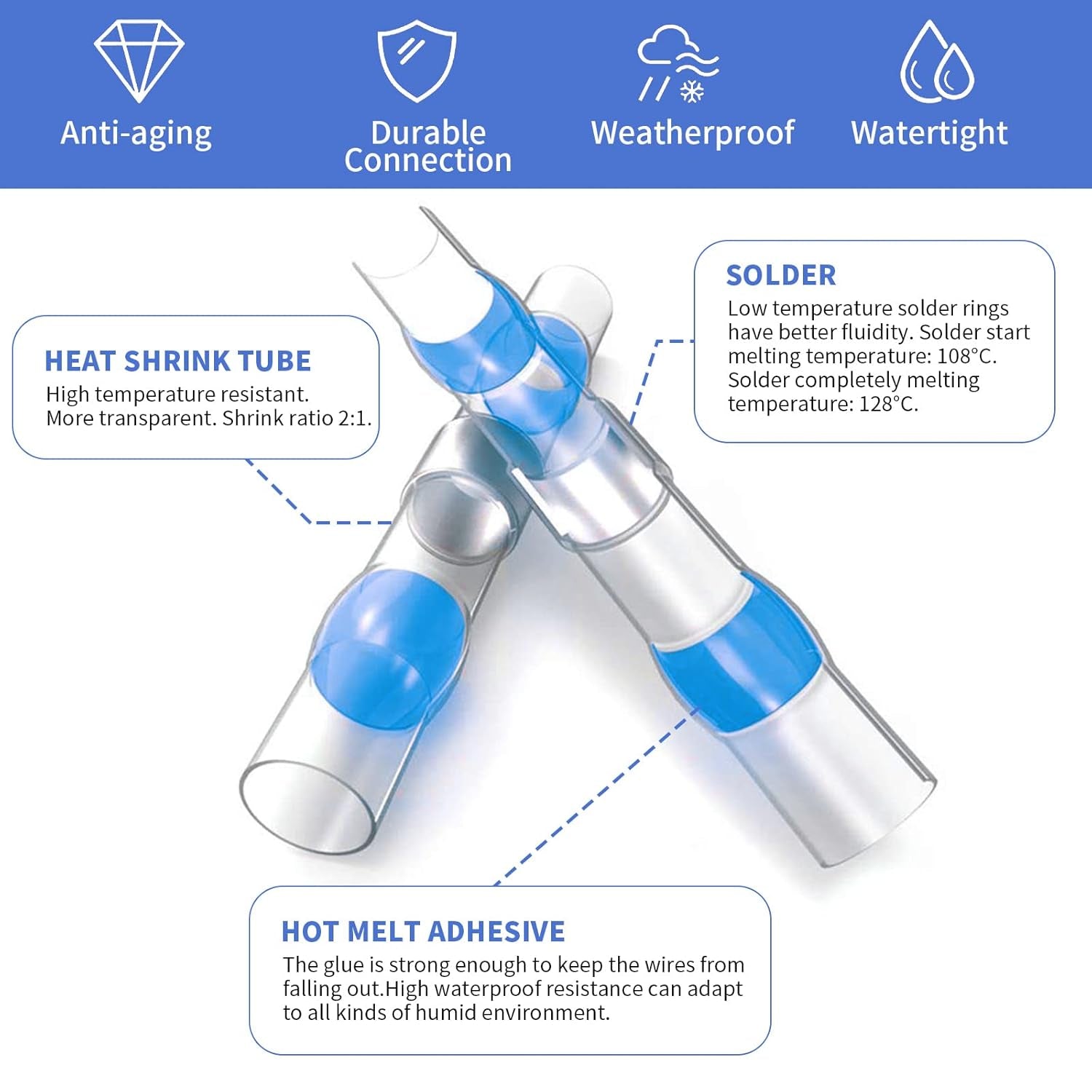 150 PCS Solder Seal Wire Connector Kit,  Heat Shrink Butt Terminal Waterproof Insulated Electrical Butt Splice for Automotive Marine