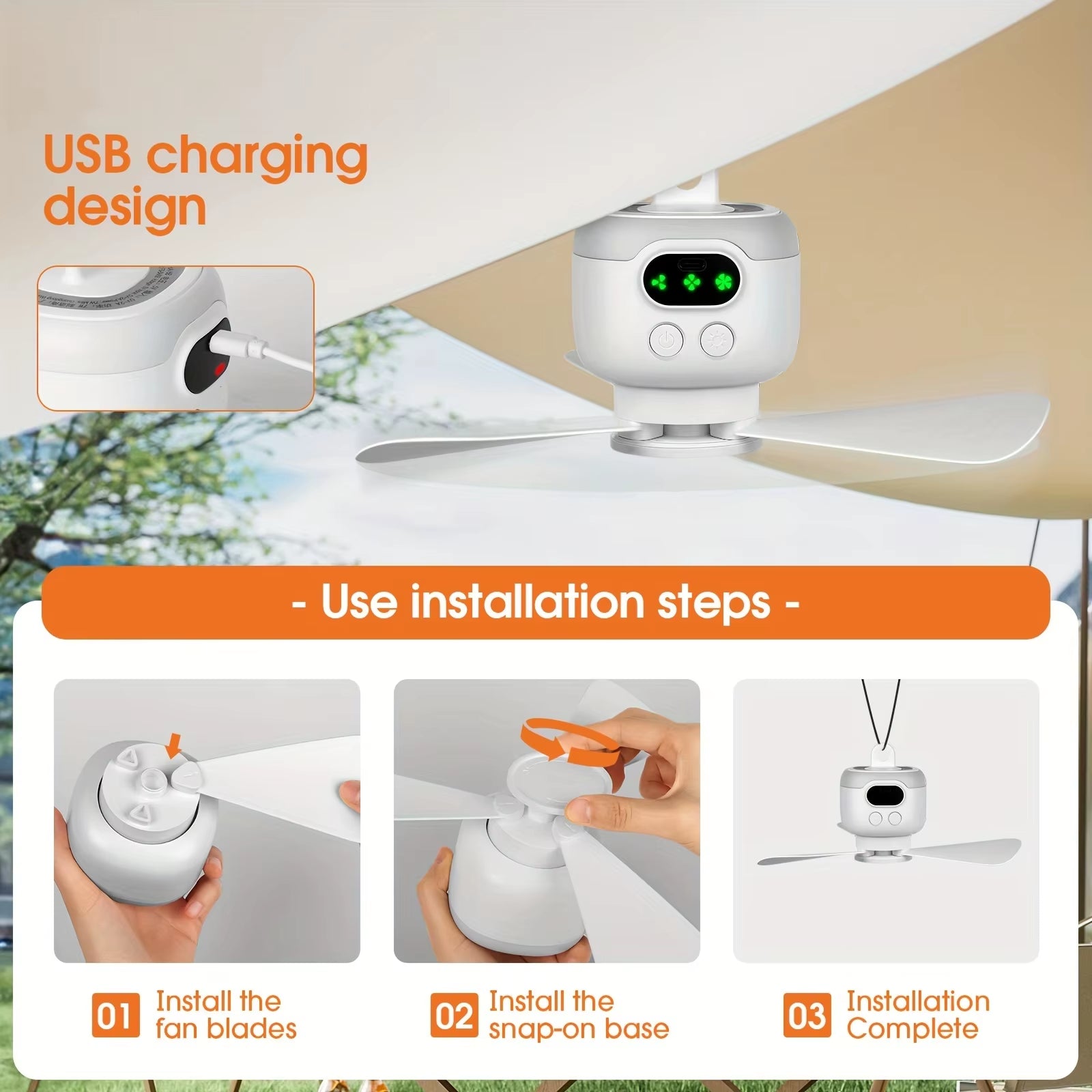 Portable Ceiling Fans 8000Mah Outdoor Camping Fan Tent Ventilator Cooler Rechargeable Electric Fan Remote Control LED Lighting