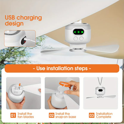 Portable Ceiling Fans 8000Mah Outdoor Camping Fan Tent Ventilator Cooler Rechargeable Electric Fan Remote Control LED Lighting