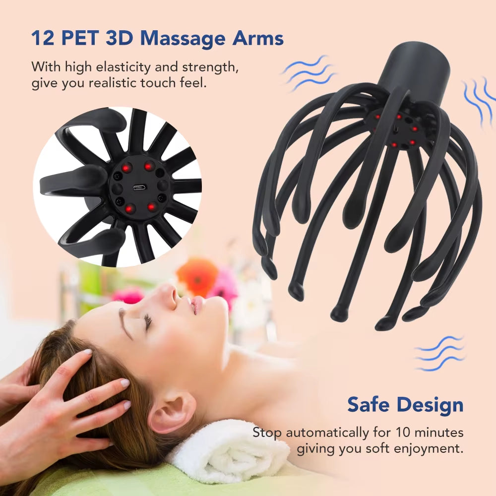 Electric Octopus Claw Scalp Massager Hands Free Therapeutic Head Scratcher Relief Hair Stimulation Rechargable Stress Relief New