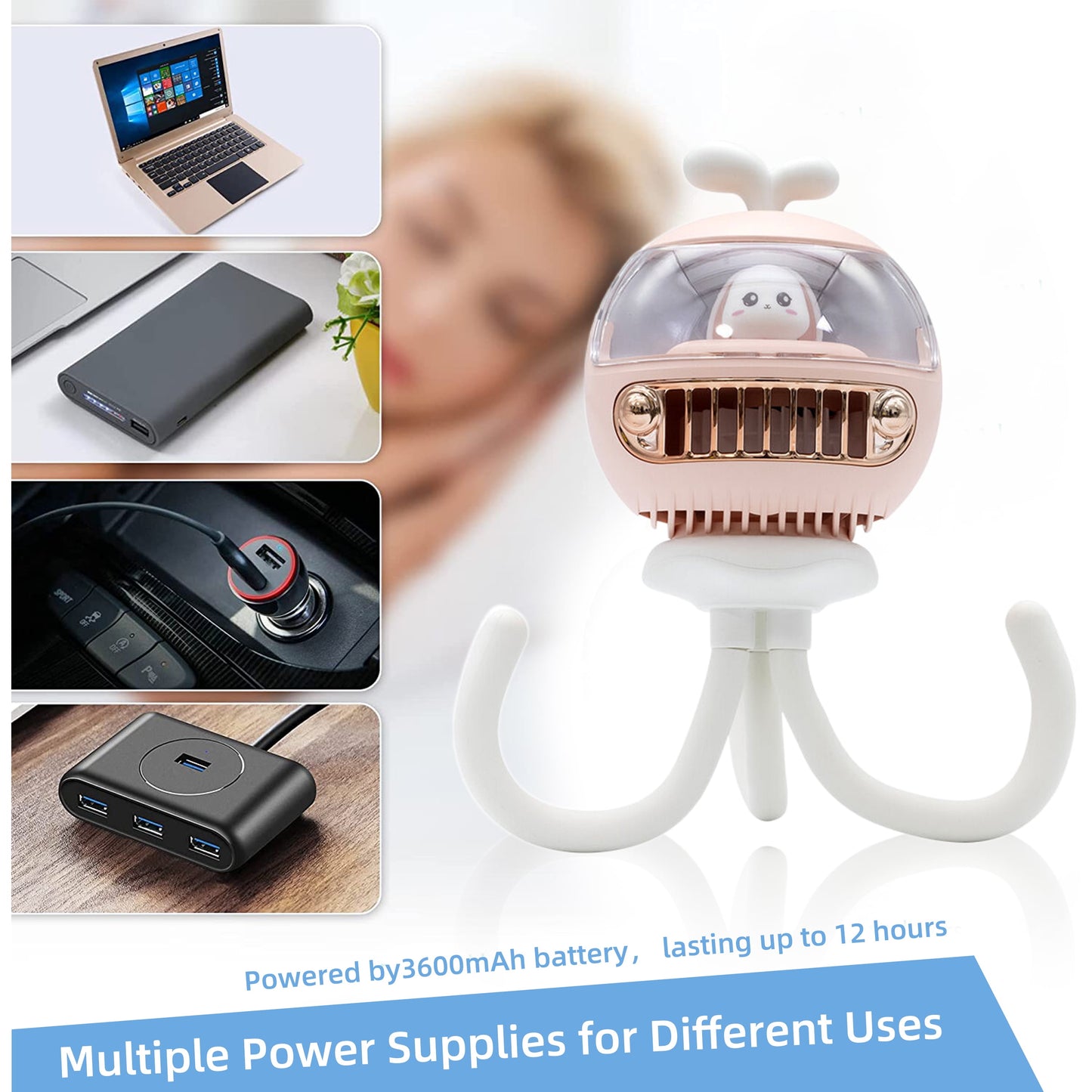 Rotatable Baby Stroller Fan with LED Light,3600Mah Rechargable Fan,Multifunction Portable Personal Fan for Stroller,4 Speeds,Pink.