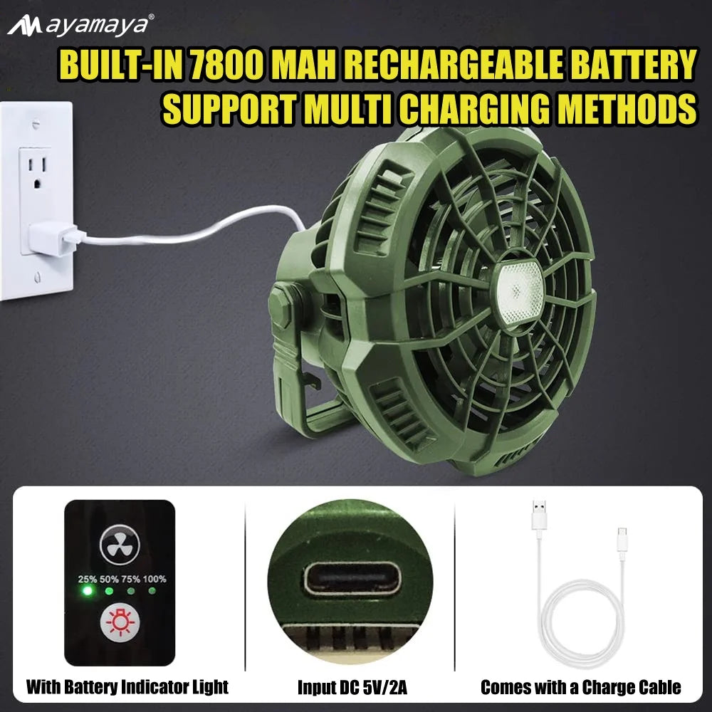 Rechargeable Camping Fan with LED Light & Remote Control,  7800Mah Portable USB Lantern Tent Fan for Car Ceiling Green.