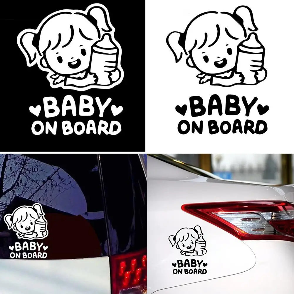 Universal Funny Stickers Car Cartoon Baby on Board Little Girl with Feeding Bottle Car Window Sticker Decal Carbon Fiber Vinyl