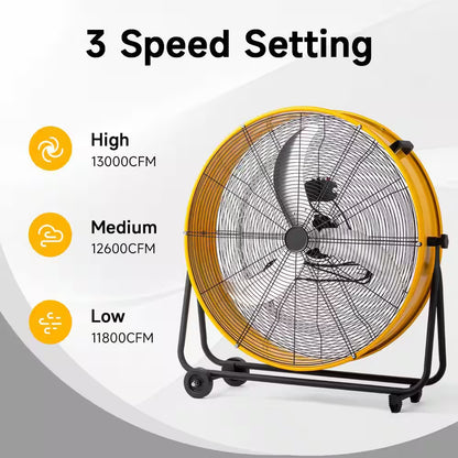 30 In. 3 Fan Speeds Floor Fan Drum Fan in Yellow