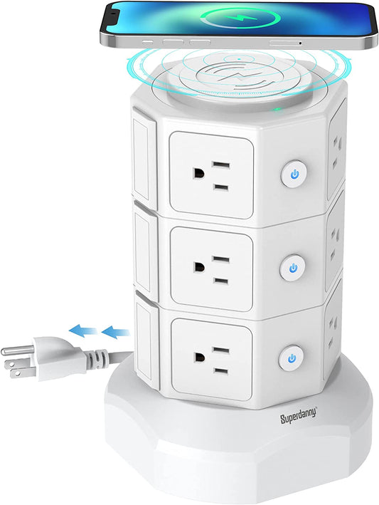 Surge Protector Power Strip Tower with 15W Magnetic Wireless Charger, 1050J, 13A Charging Station Featuring 12 AC Outlets and 6 USB Ports, 6.5Ft Extension Cord for Home and Office Use, White