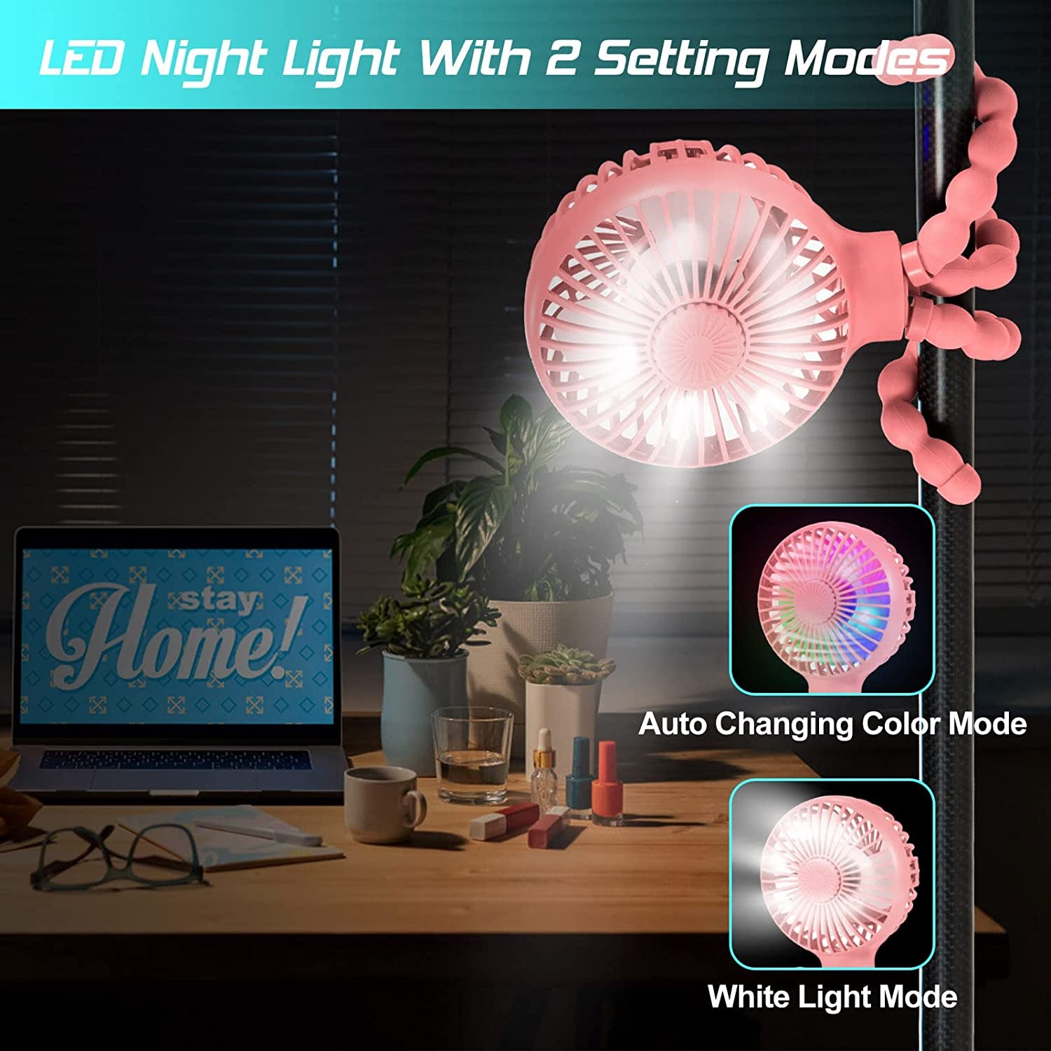 Upgraded Stroller Fan Mini Battery Operated Fan Small USB Rechargable Desk Fan Baby Portable Fan Flexible Tripod Clip on Fan with 3 Speeds Baby Personal Fan for Car Seat Crib Treadmill (Pink).